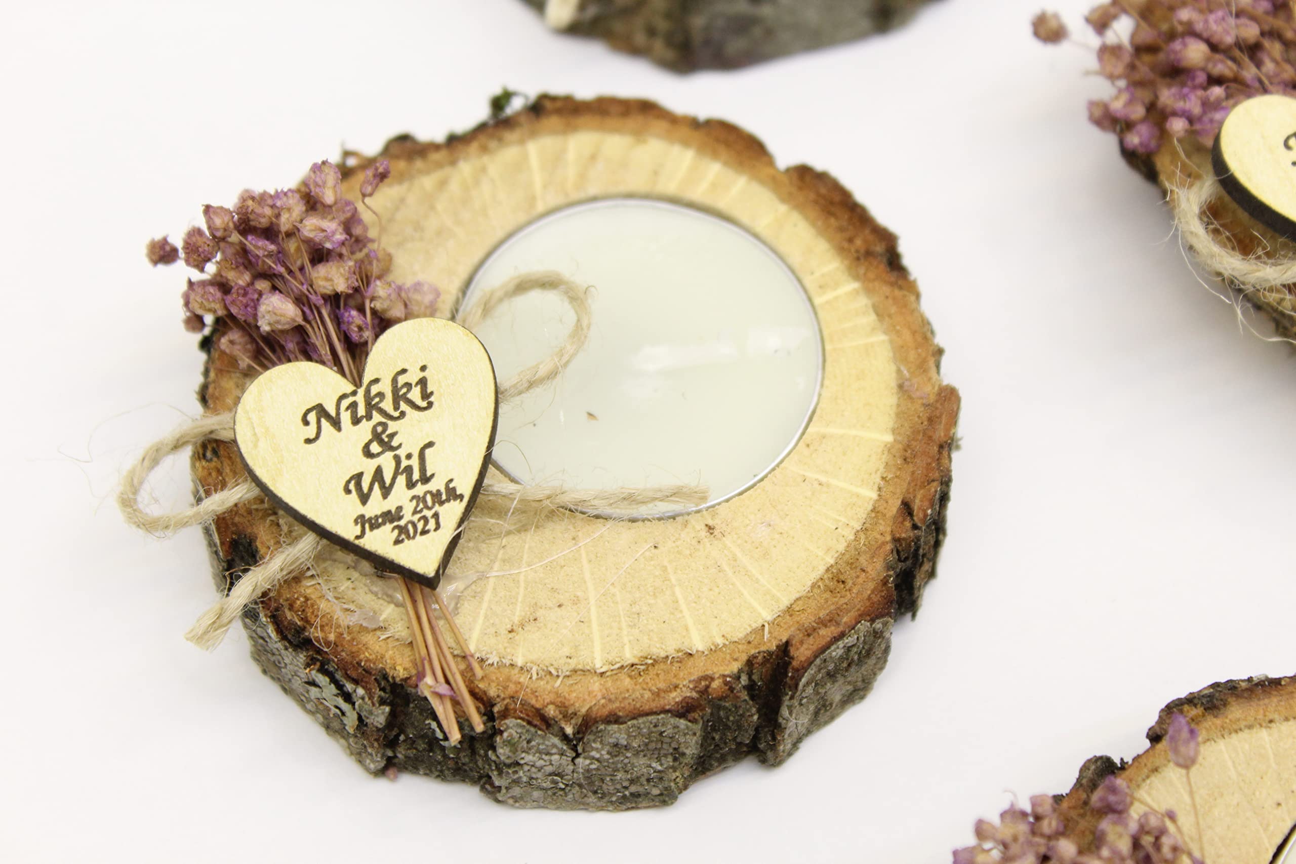 50 Pcs Personalized Wooden Log Candle Holders - Wedding Favors for Guests, Memorial Candles, Tealight Holders - Rustic Home Decor for Weddings, Bridal Showers, Sympathy Gifts & Memorial Services