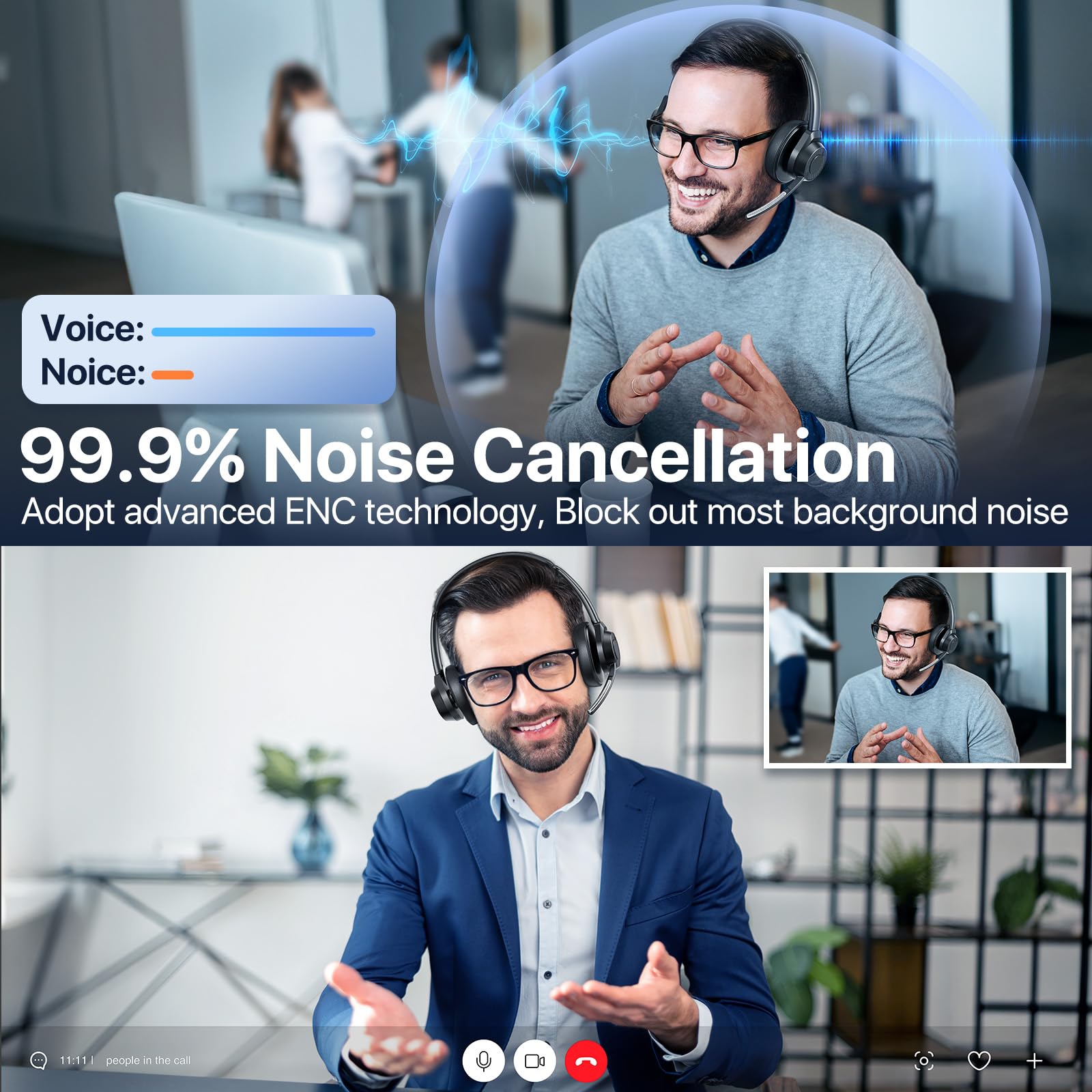 Wireless Bluetooth 5.4 Headphones with Microphone - Noise Cancelling Over-Ear Headset with Multipoint Connectivity for Office, Call Center, Zoom Meetings & Remote Work (Black) - Perfect for Business Professionals & Home Office Use