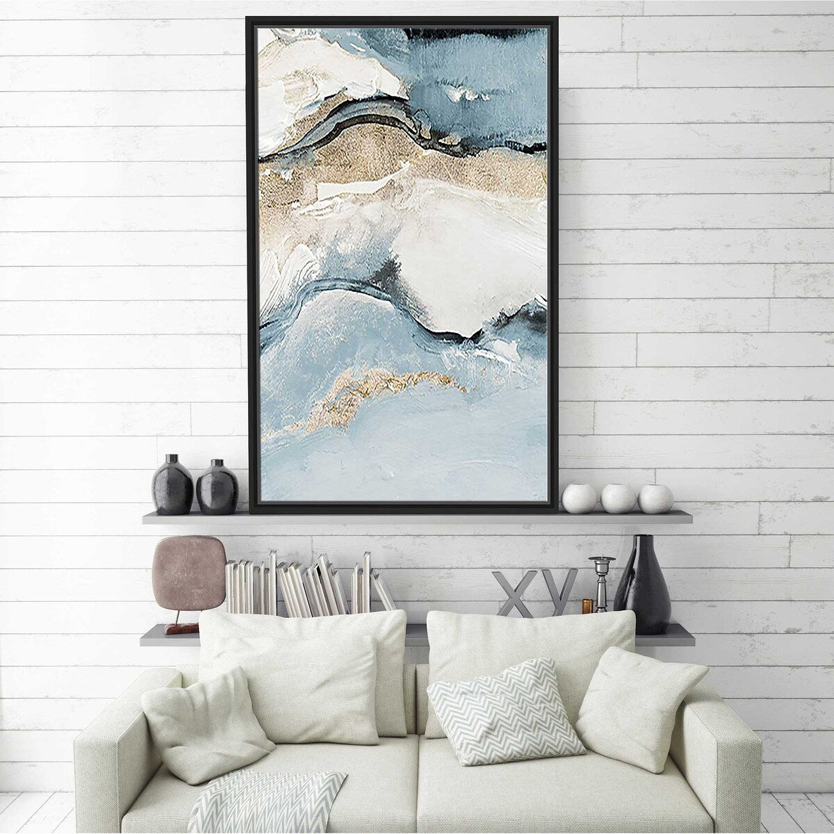 Blue Crystalline Print Floating Canvas Wall Art - Modern Abstract Painting for Living Room, Bedroom & Office Decor