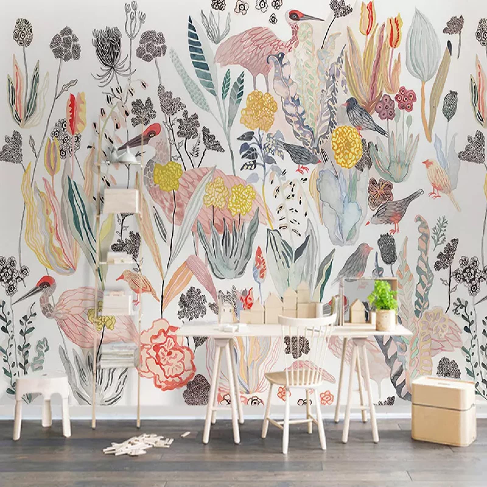 Modern Floral Bird Wall Mural - Custom Large Wallpaper Art Print (137.8