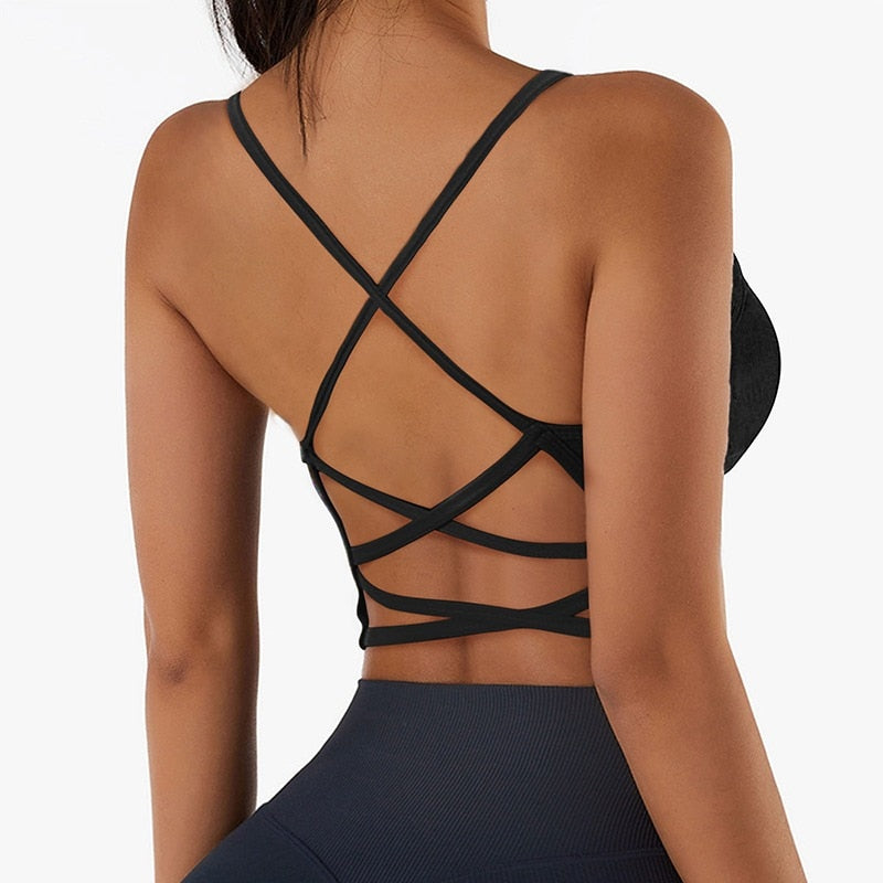 Women's Cross Strap Push Up Sports Bra - High Support Yoga Gym Workout Top for Running, Fitness & Active Lifestyle
