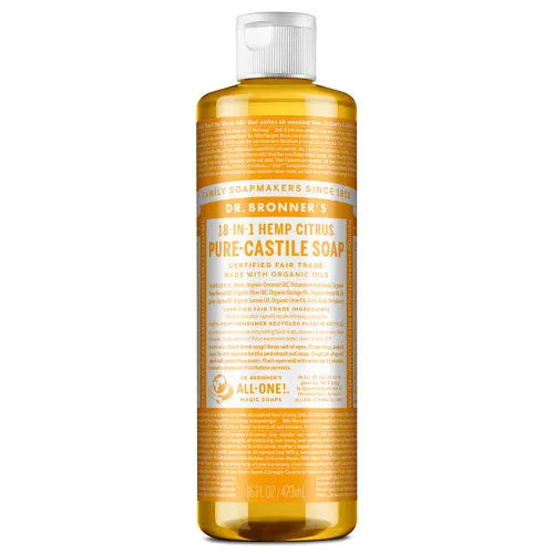 Dr. Bronner's Pure-Castile Liquid Soap - Organic Citrus, 18-in-1 Uses: Body Wash, Face Cleanser, Shampoo, Household Cleaner & More (16 fl oz) - Perfect for Travel, Camping & Eco-Friendly Home Use