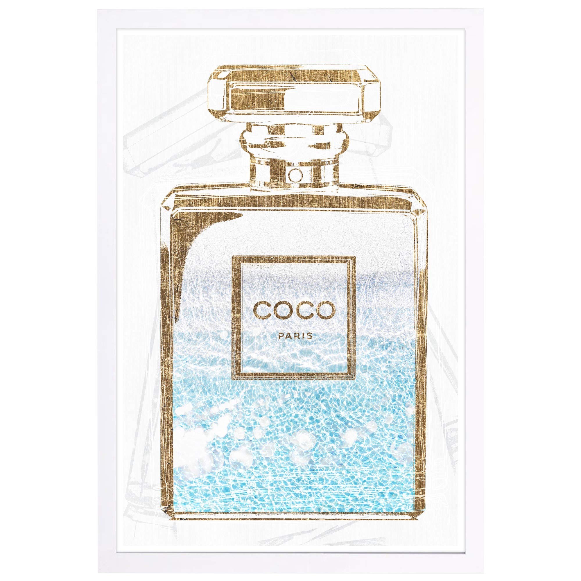 Wynwood Studio 'Perfume Water Love Light' Fashion Glam Wall Art Print - 13x19 Inches with White Frame - Modern Home Decor for Living Room, Bedroom & Office