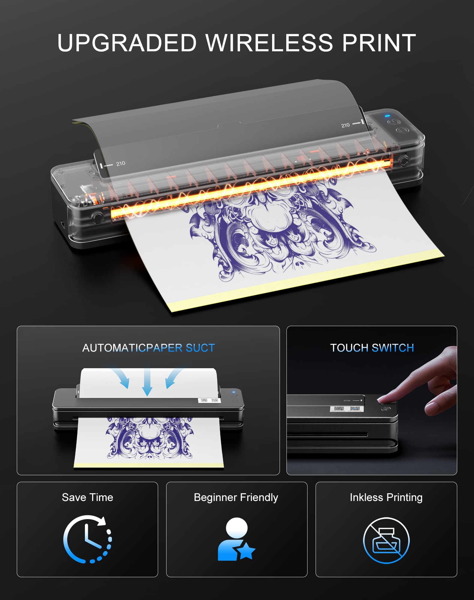 RHEIN Wireless Tattoo Stencil Printer - Thermal Printer for Tattoo Artists & Beginners, 2500mAh Battery, Includes 10pcs Transfer Paper & 10pcs Cleaning Fabrics, Compatible with Smartphone & PC (T106Z-US) - Perfect for Home Studios & Professional Tattoo Shops