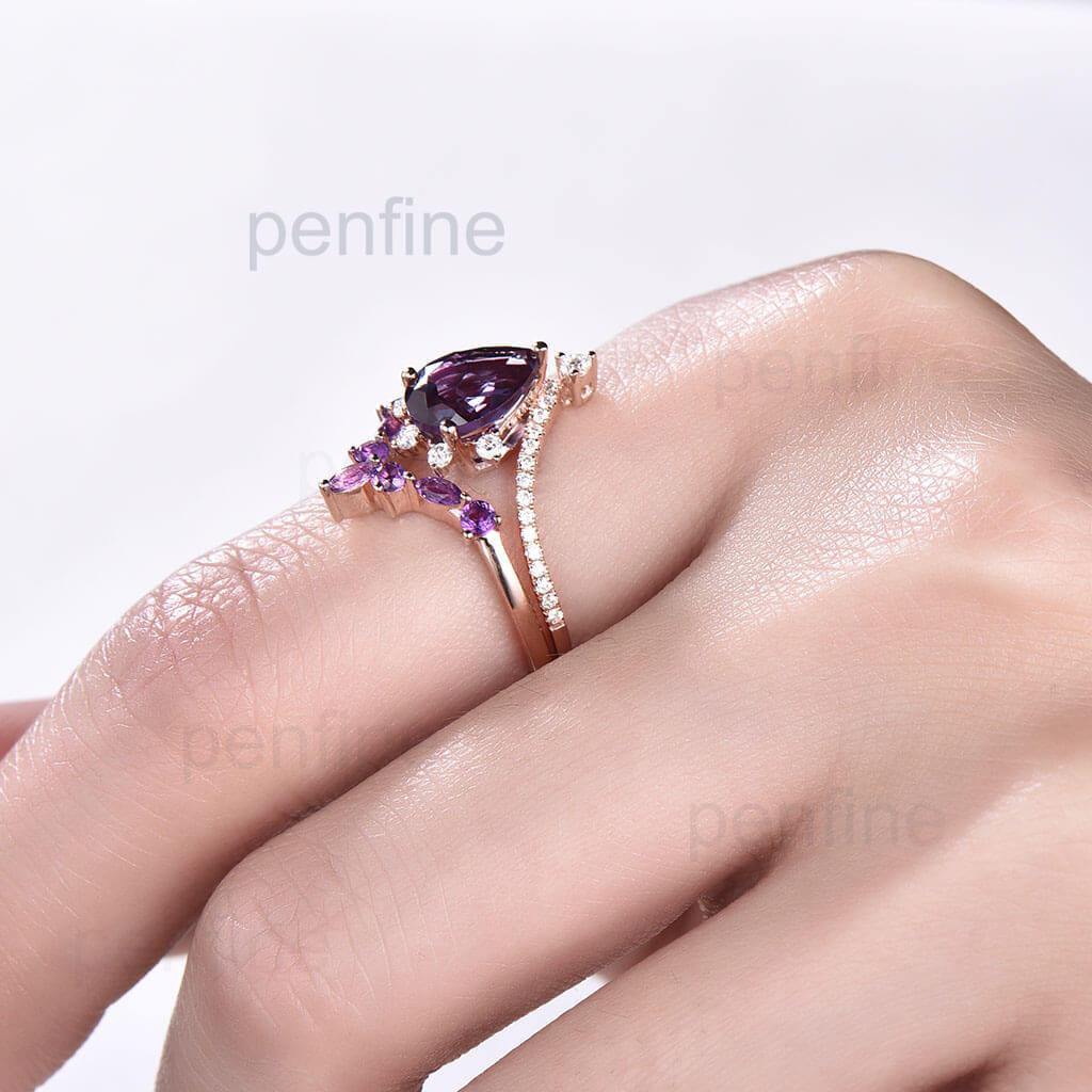 Pear Alexandrite Engagement Ring & Curved Amethyst Wedding Band Set - 2 Piece Bridal Jewelry for Proposals, Anniversaries & Special Occasions