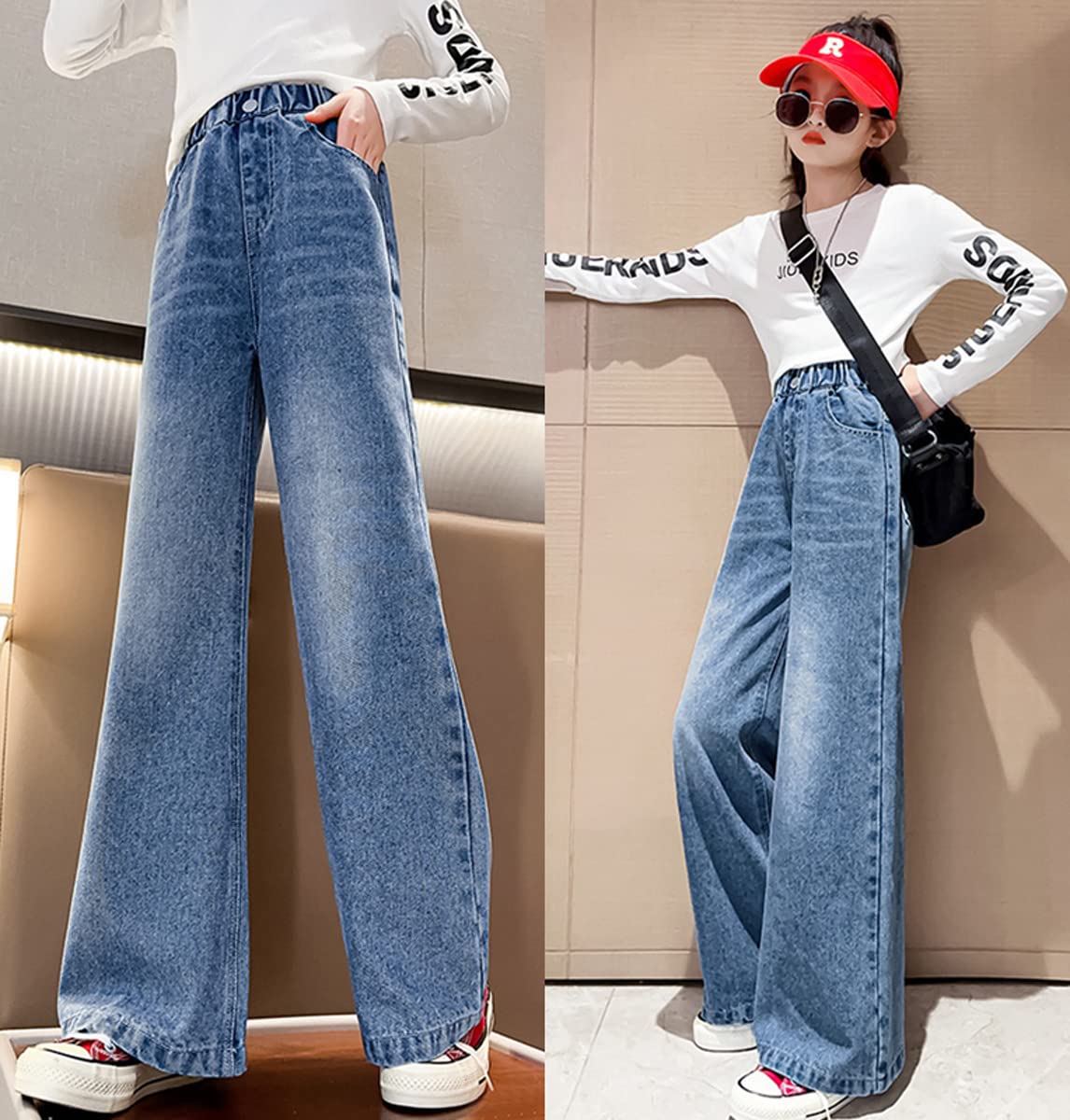 Girls' Baggy Wide Leg Jeans - Stretchy Elastic Waist, Distressed Washed Denim Pants for Kids Age 5-14 - Perfect for School, Playdates & Casual Outfits