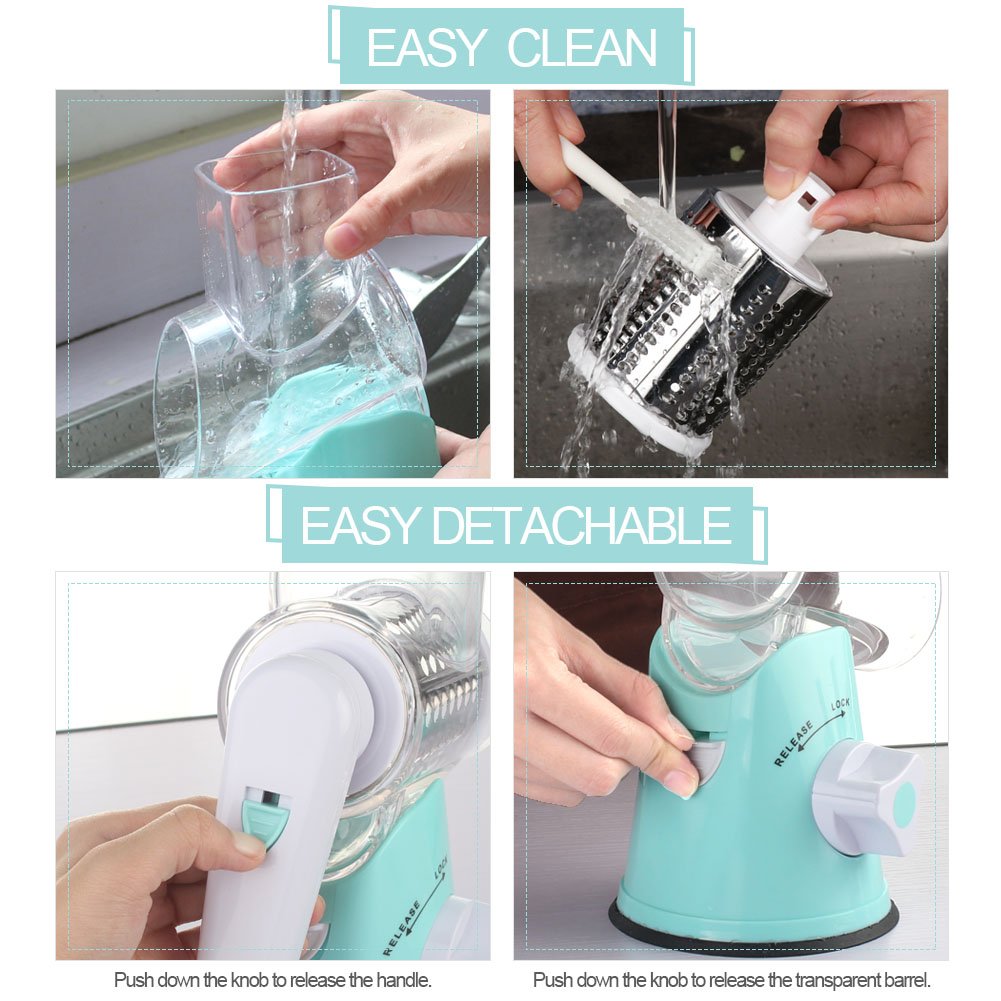 Cambom Rotary Cheese Grater - Hand Crank Cheese Shredder for Fresh Cheese, Vegetables, Nuts - Non-Slip Suction Base with Free Cleaning Brush & 3 Blades (Blue) - Perfect for Pizza, Pasta, Salads & Cooking Prep