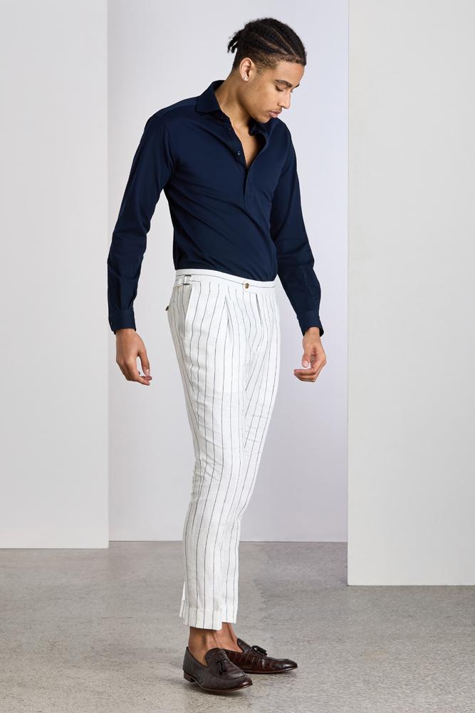 Roma Trouser - White and Navy Pinstripe Linen Pants for Women | Comfortable Summer Linen Trousers | Office Wear, Casual Outfits & Vacation Style