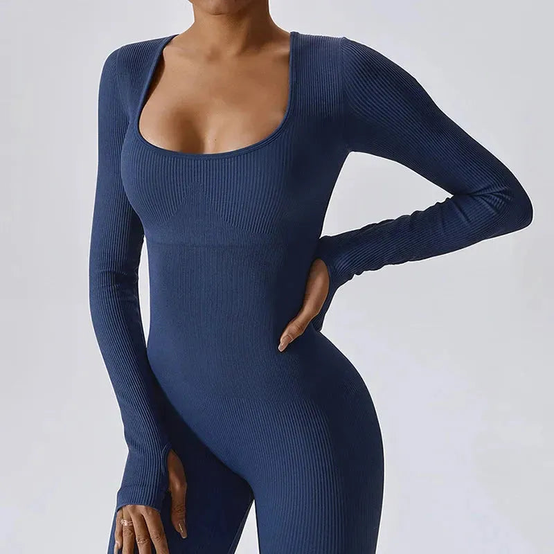 Women's Ribbed Long Sleeve Yoga Jumpsuit - Square Neck Workout Romper Bodysuit for Gym, Pilates & Home Exercise | Comfortable Sportswear for Women's Fitness & Active Lifestyle