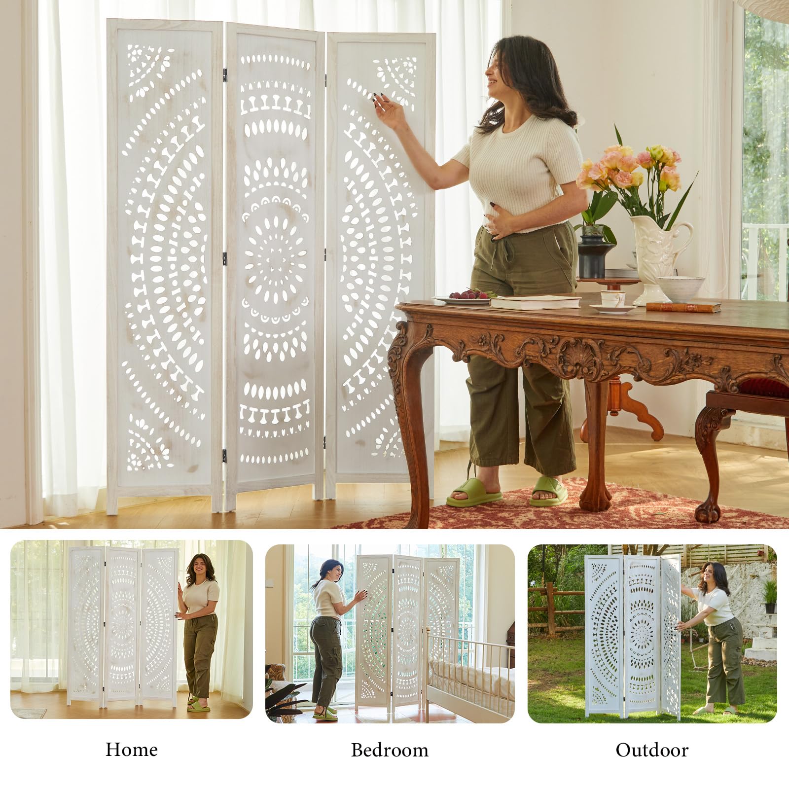 Handcrafted Wooden Room Divider Screen - 3 Panel Folding Partition with Bohemian Carvings for Home, Office, Garden & Terrace (Antique White Finish) | Perfect for Creating Privacy Spaces, Room Separation & Decorative Accents