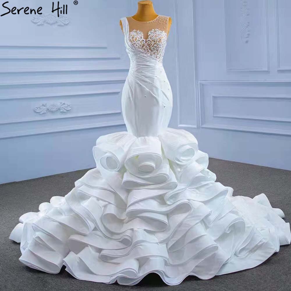 Serene Hill White Ruffles Beaded Wedding Dress 2025 | Sleeveless Luxury High-End Bridal Gown HM67413 | Custom Made for Church Ceremony & Beach Weddings