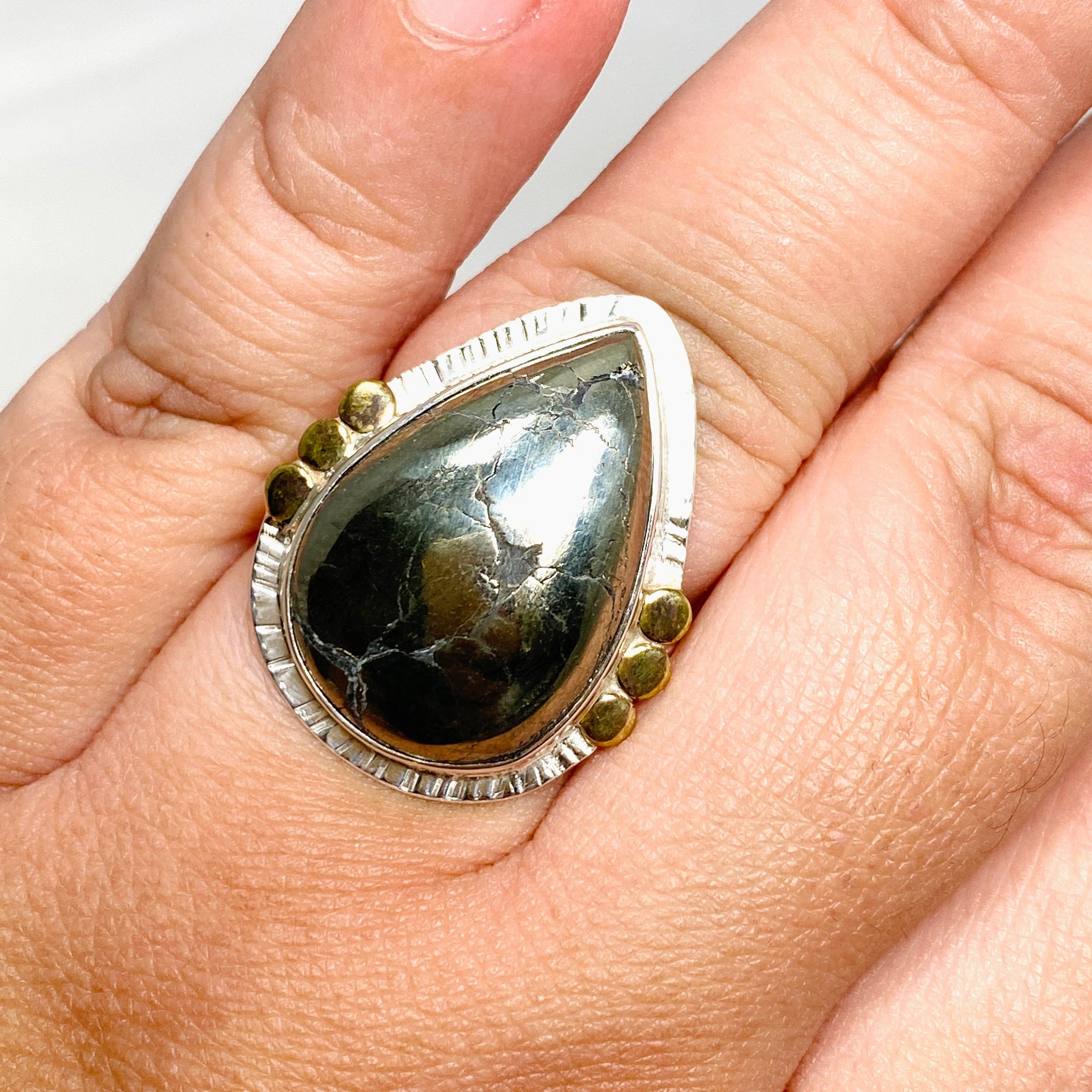 Healer's Gold Teardrop Ring with Brass Accents - Size 10 - KRGJ3197 - Perfect for Spiritual Healing, Meditation & Boho Fashion