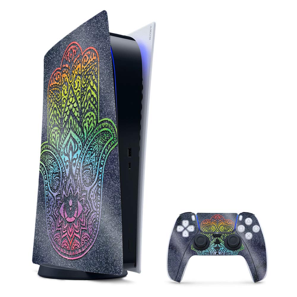 PS5 Glossy Glitter Skin - Rainbow Hamsa Design | Durable & Easy Apply | Gaming Accessory