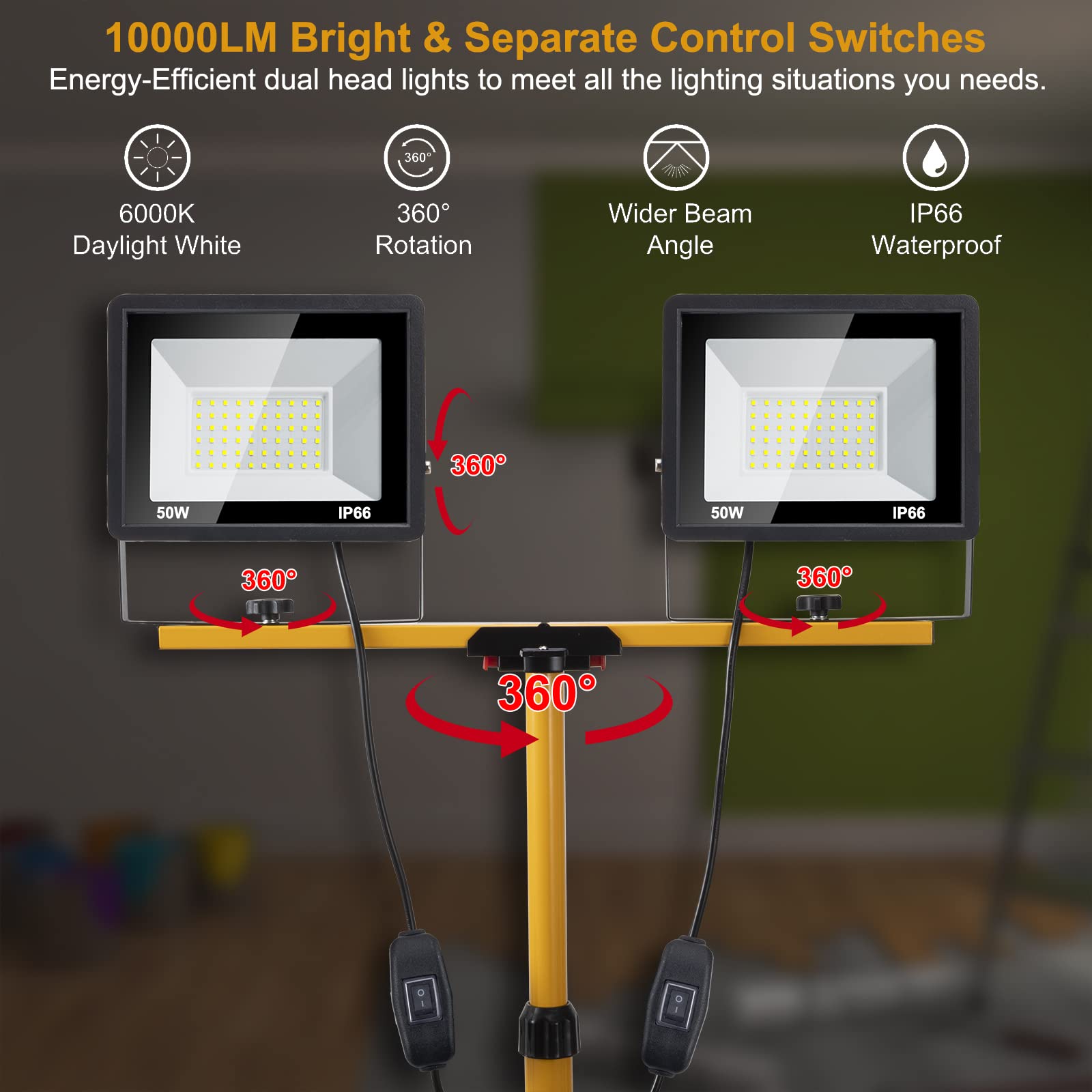 10000 Lumen LED Work Light with Stand - 100W Dual Head, 14FT Power Cord, 6000K Daylight White, IP66 Waterproof, Adjustable Metal Tripod (Up to 63