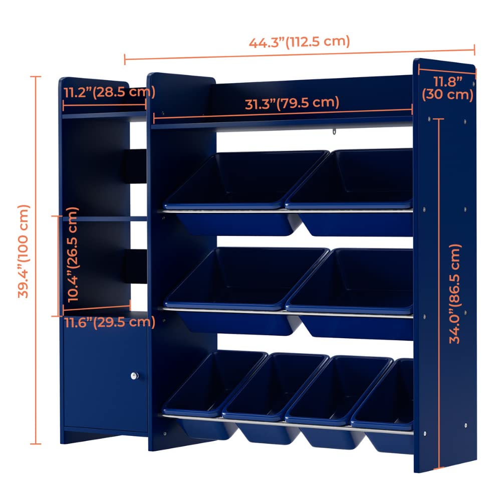 Kids Toy Storage Organizer with Bookshelf - Playroom Organization Shelving Unit with Removable Bins & Anti-Tip Bracket - Blue - Perfect for Bedroom, Nursery, and Classroom Organization