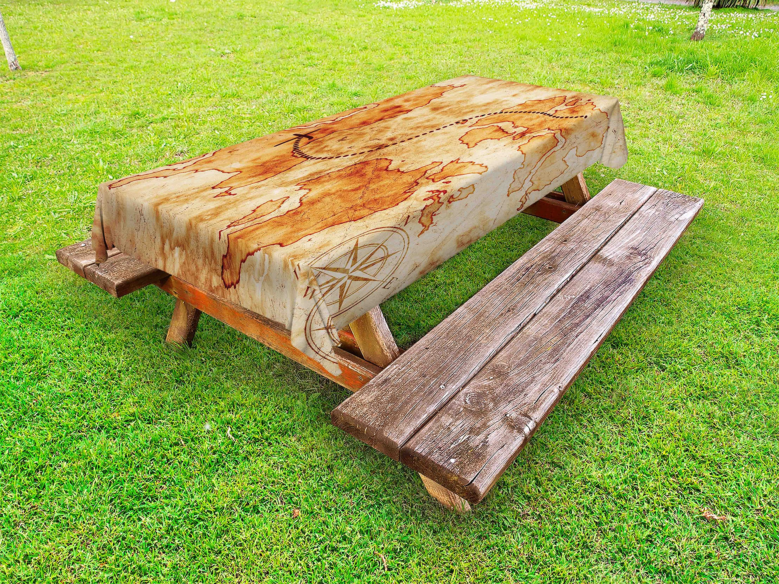Ambesonne Vintage Island Map Tablecloth - Distressed Grunge World Map with Compass Rose & Treasure Map Design - 58x84 Inch Washable Outdoor Picnic Table Cover in Cream - Perfect for Beach Parties, Camping & Backyard BBQs