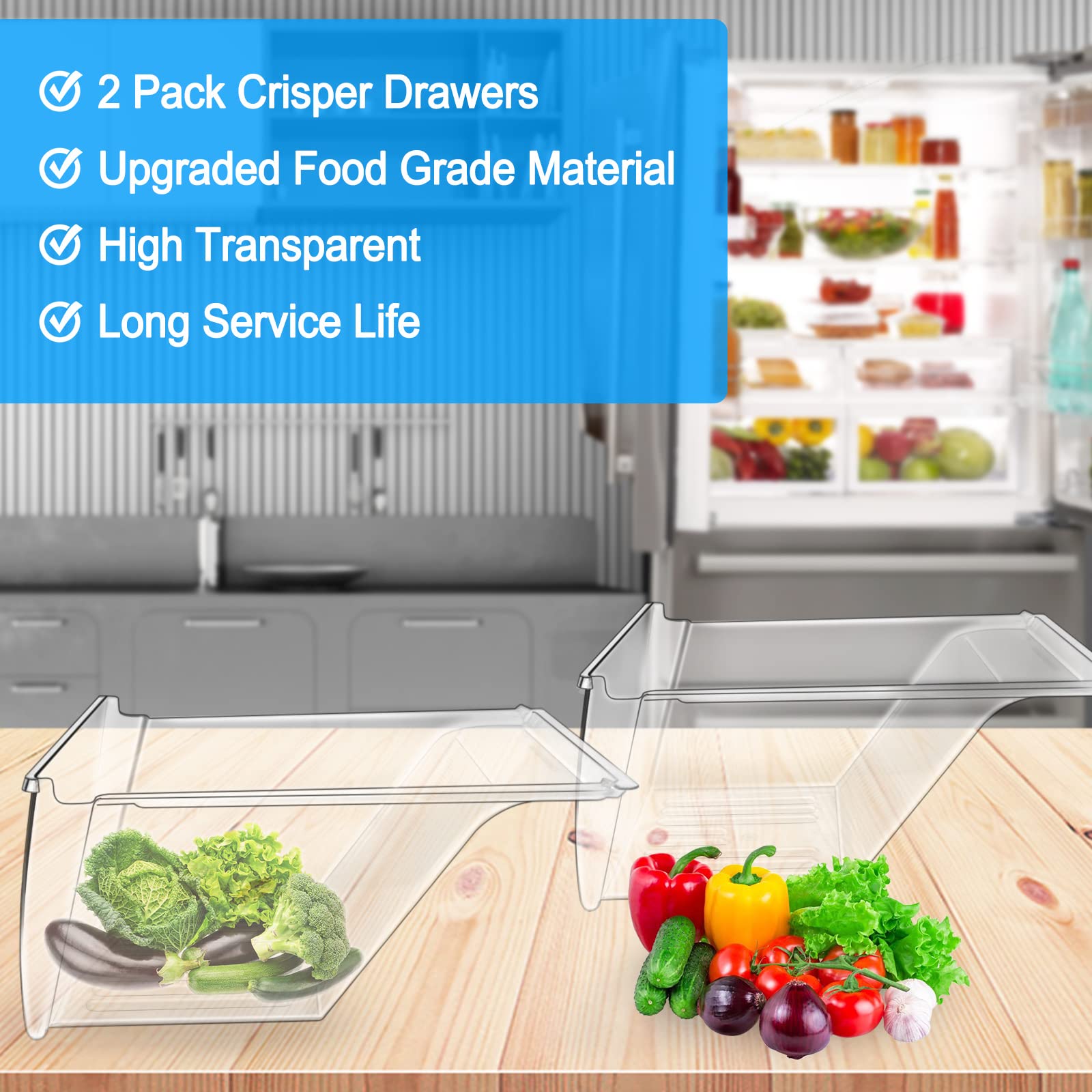 Upgraded 2-Pack Refrigerator Crisper Drawers Bins - Compatible with Frigidaire & Kenmore Models (Replacement for 240337100, AP2115741, 240323007) - Food-Grade Plastic - Perfect for Fresh Produce Storage in Your Fridge
