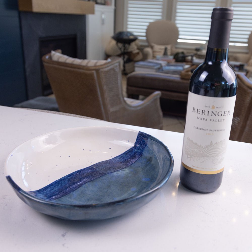 Large Stoneware Decorative Serving Bowl - Handcrafted Blue and White Ceramic Bowl for Fruit, Salad, Pasta | Perfect for Dining Table Centerpiece, Kitchen Decor, and Gift Giving