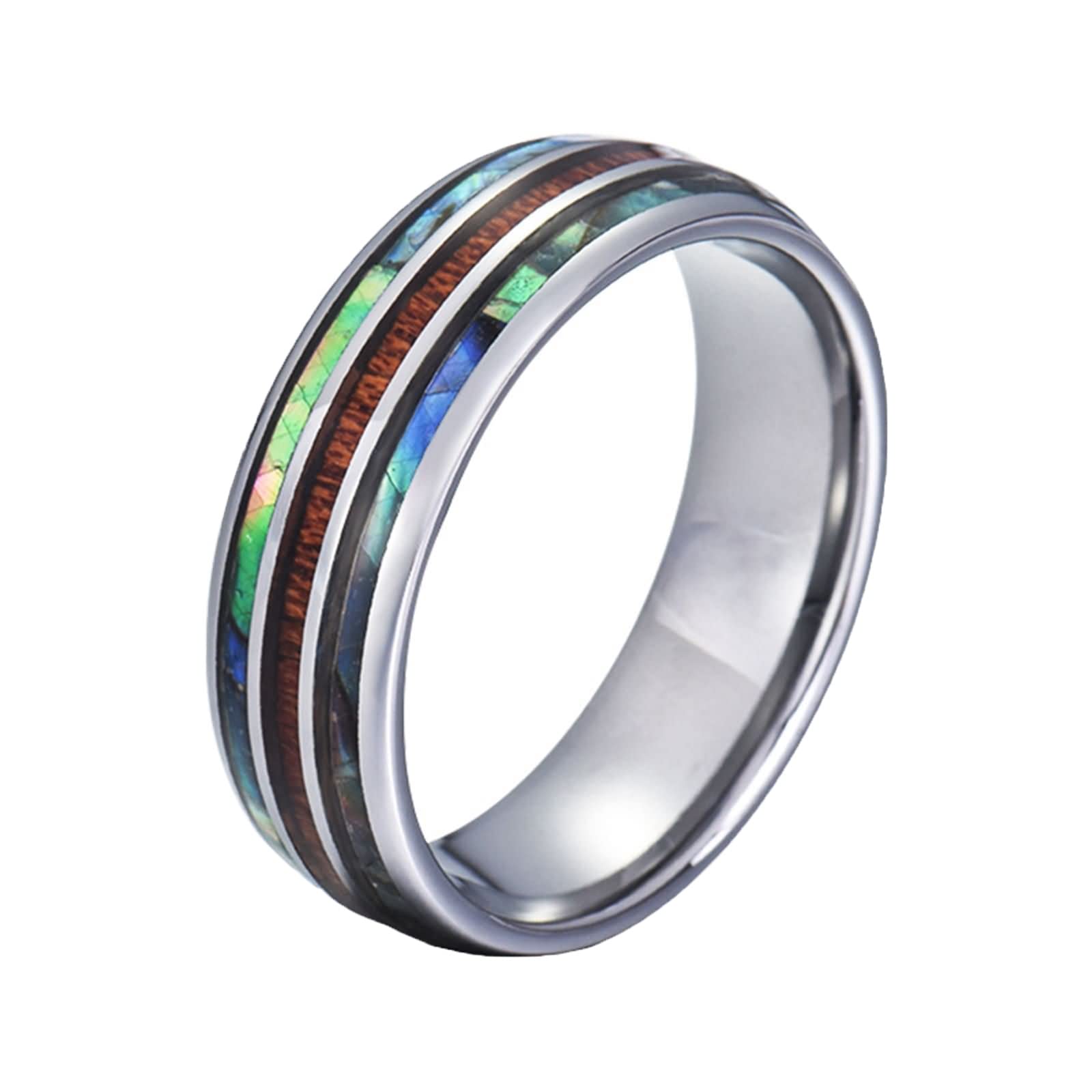 Men's Tungsten Engagement Ring 8MM with Abalone & Wood Inlay - Personalized Silver Band Size 6-14 - Perfect for Weddings, Proposals & Anniversary Gifts