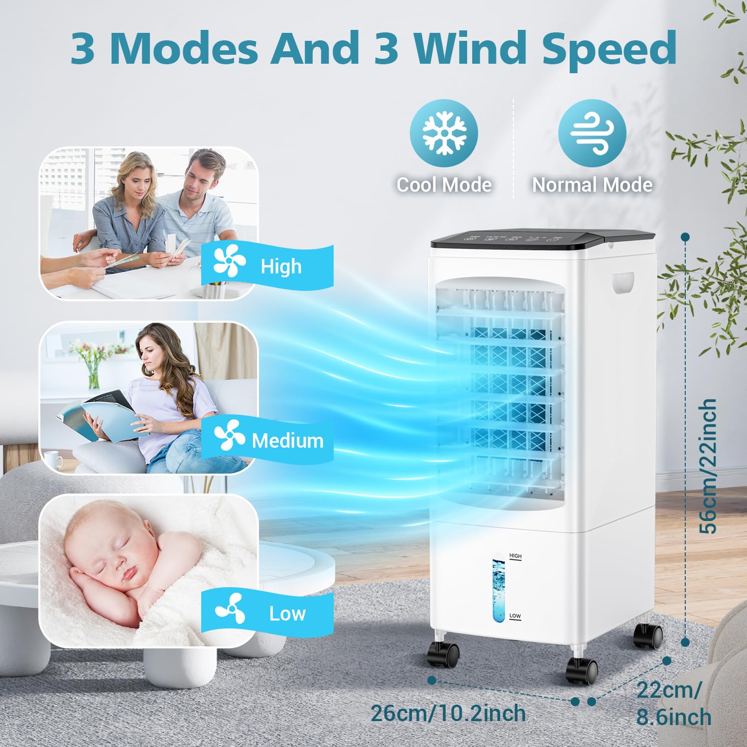 Portable Air Conditioner 3-in-1 Evaporative Air Cooler with Remote Control - 3 Speed Settings, 60° Oscillation, 1-7H Timer, 60W Energy Saving (Energy Class A++) - Perfect for Home, Office, Dorm & Small Spaces Cooling