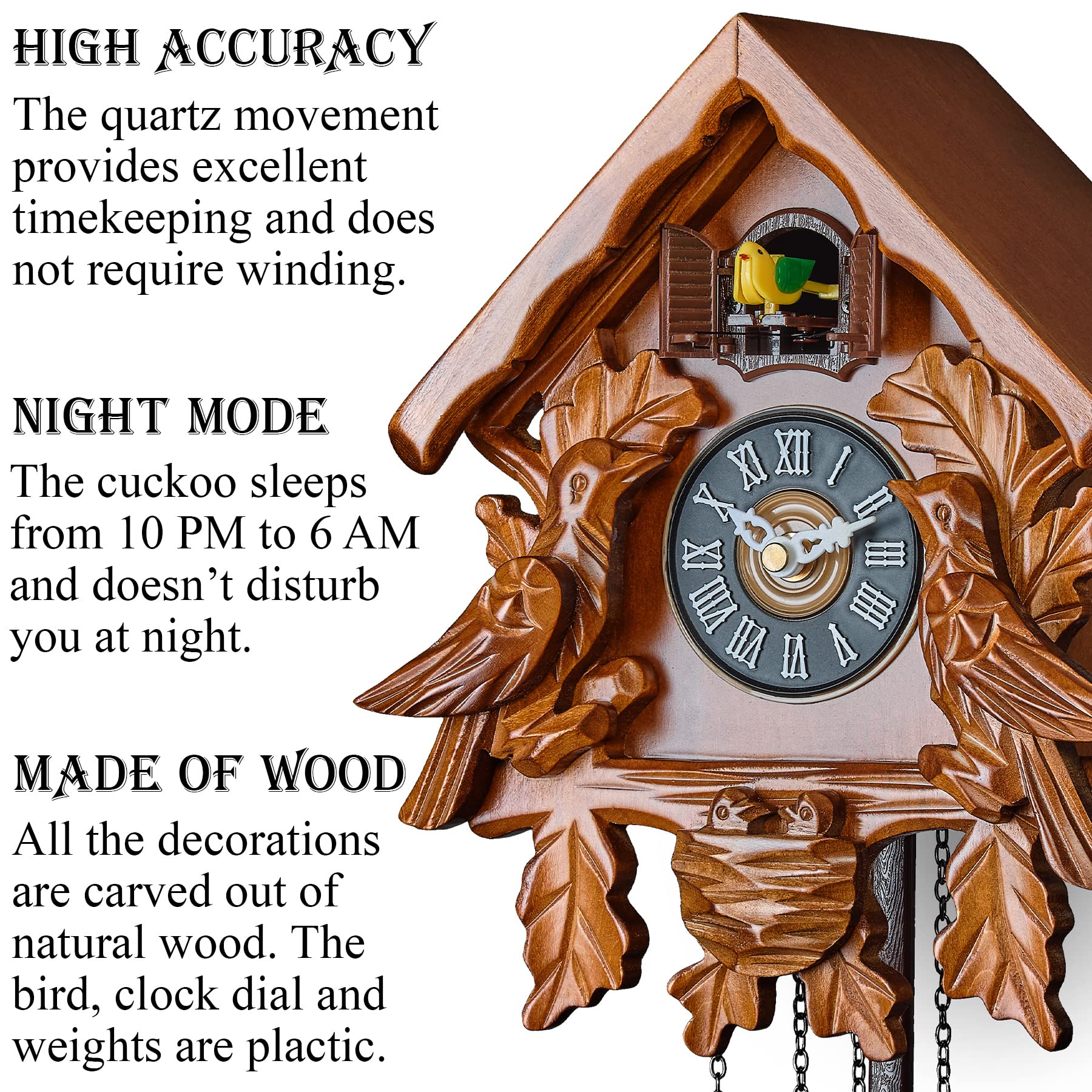 TIMEGEAR Wooden Cuckoo Clock with Night Mode & Singing Bird - Handcrafted Pendulum Wall Clock with Traditional German Design (Brown) | Perfect for Living Room, Bedroom, and Cabin Decor