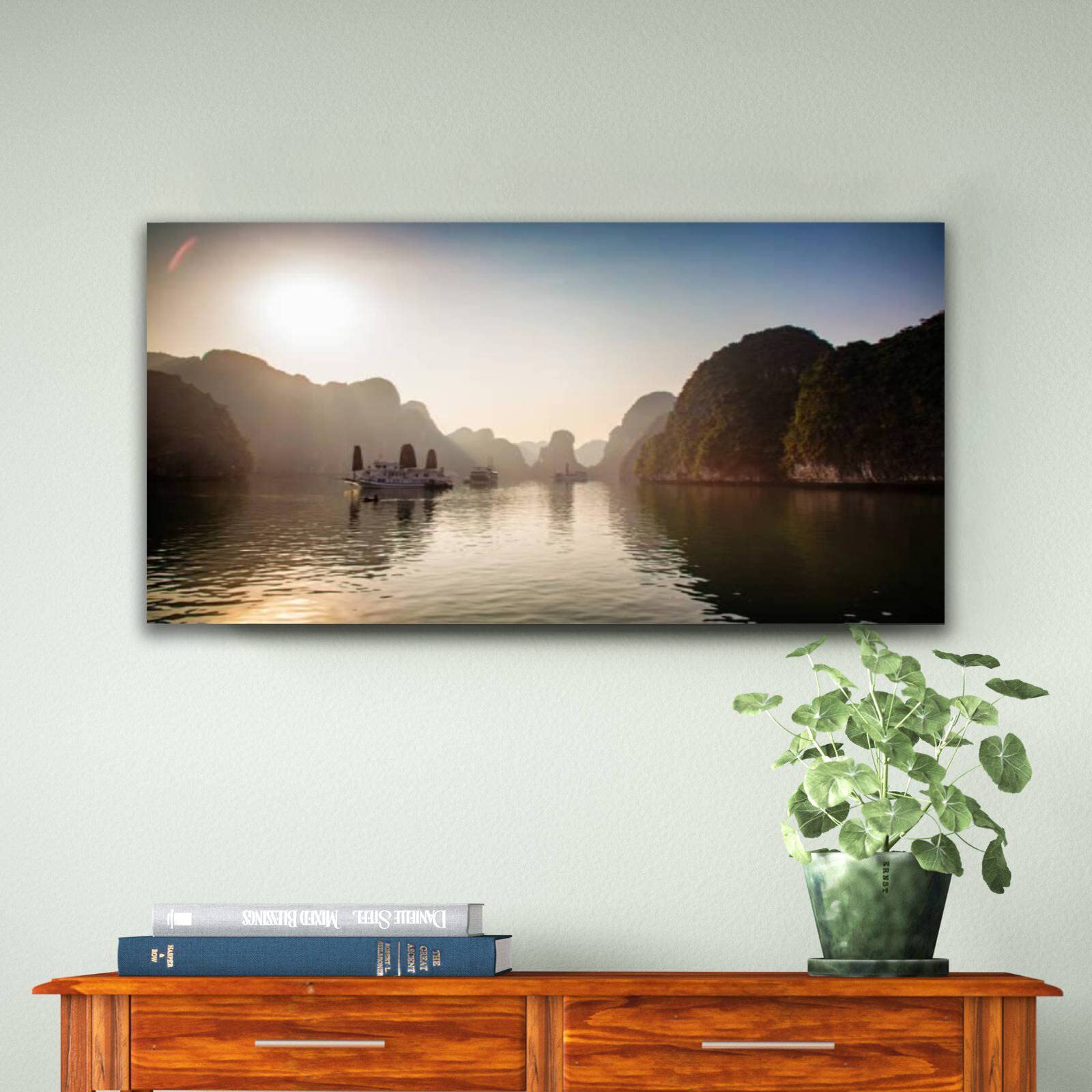 Nature Canvas Wall Art - Misty Dawn Halong Bay Vietnam Panoramic Landscape Painting | Ready to Hang Home Decor for Living Room & Bedroom | Perfect for Modern Interior Design & Office Wall Decor