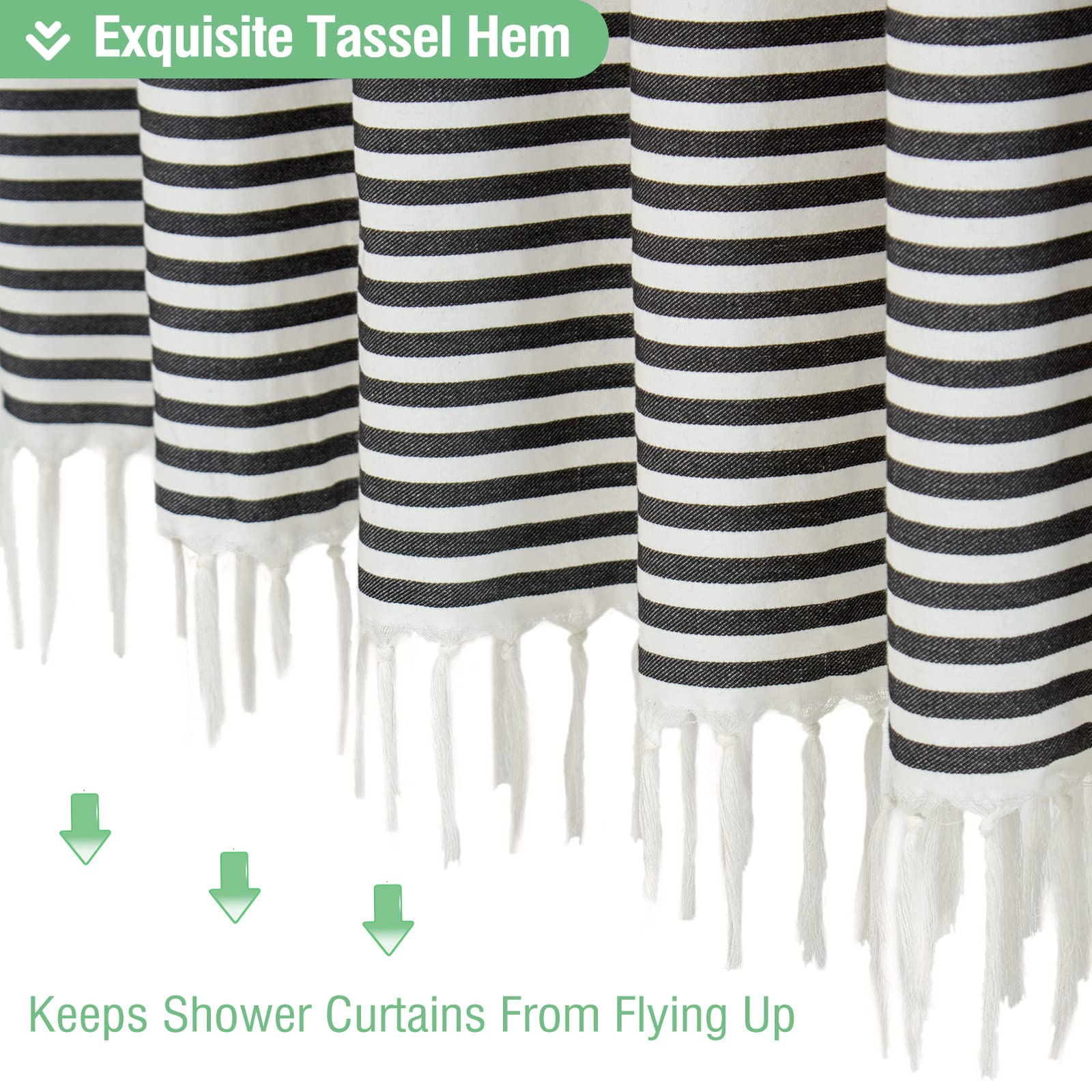 Modern Farmhouse Fabric Shower Curtain - Boho Black & White Striped Bathroom Decor with Tassels, Luxury Hotel Style Shower Curtain Set Includes 12 Hooks (72x72 Inches) for Spa-Like Bathroom Retreat