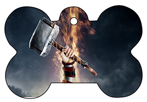 Odin Thor God Hammer Pet ID Tag - Personalized Custom Bone & Heart Shape Dog Cat Tag with Key Ring (Red Flame, Bone) - Perfect for Norse Mythology Lovers & Pet Identification