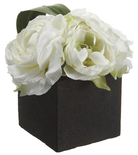 Artificial White Ranunculus Silk Flowers in Paper Mache Pot - Realistic Home Decor for Living Room, Wedding Centerpieces & Office Desk Decorations