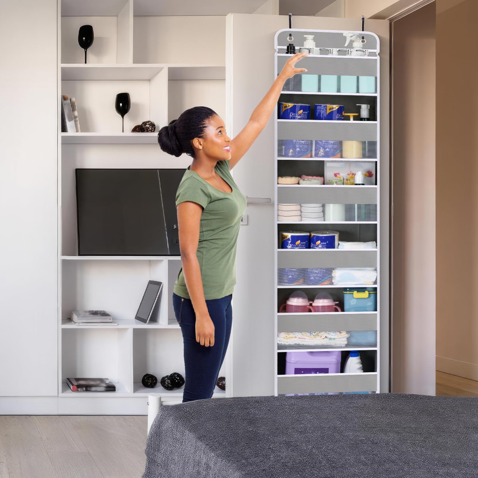 WishJazz Over The Door Organizer Storage - 6 Shelf Hanging Closet Organizer with Anti-Tilt Design, Holds 50 lbs - Heavy Duty Behind Door Storage for Bathroom, Bedroom, Pantry, Nursery & Baby Toy Organization - Perfect for Small Space Storage & Home Organization