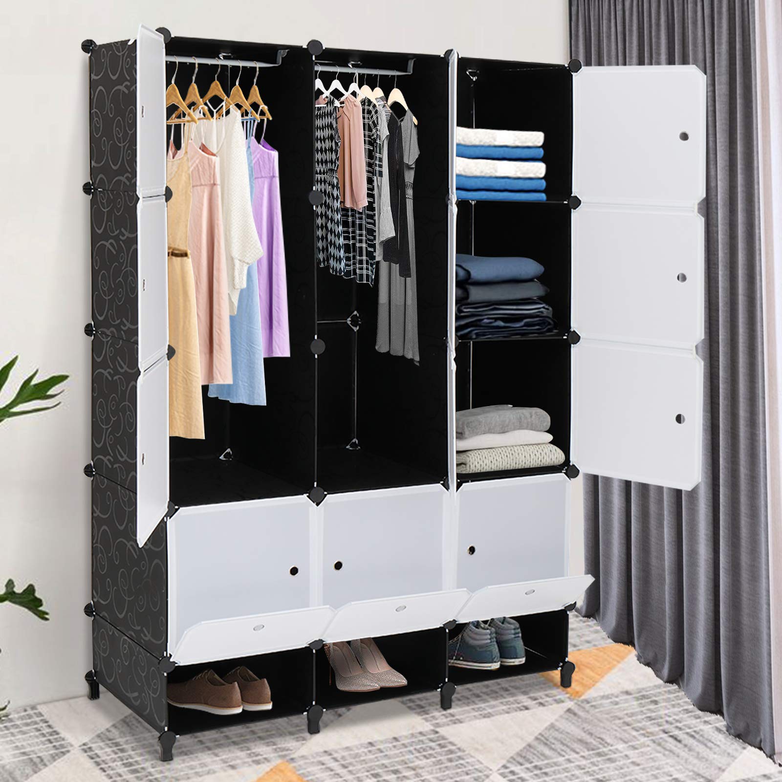 VINGLI 15-Cube Portable Closet Wardrobe with Doors & Hanging Rods - DIY Storage Organizer for Bedroom, Closet, Office | Space-Saving Plastic Shelf Unit for Clothes, Shoes & Home Organization