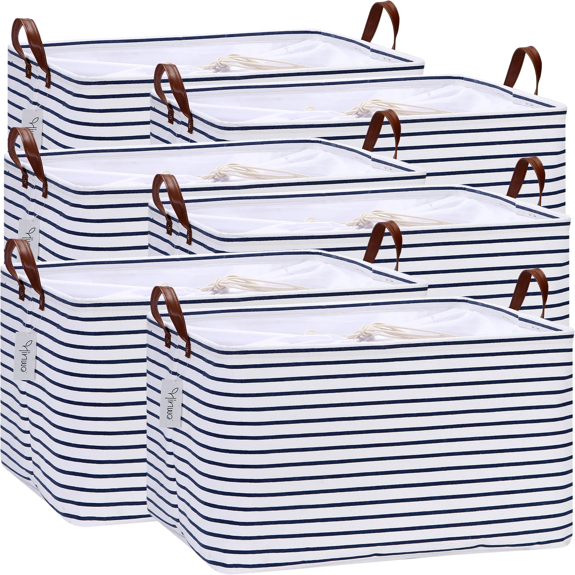 Hinwo 70L Extra Large Storage Bins - 6-Pack Foldable Closet Organizers with Handles, Heavy Duty Clothes Storage Containers for Blankets, Comforters, Toys & Bedding (Navy Stripe) - Perfect for Home Organization, Closet Storage & Seasonal Items