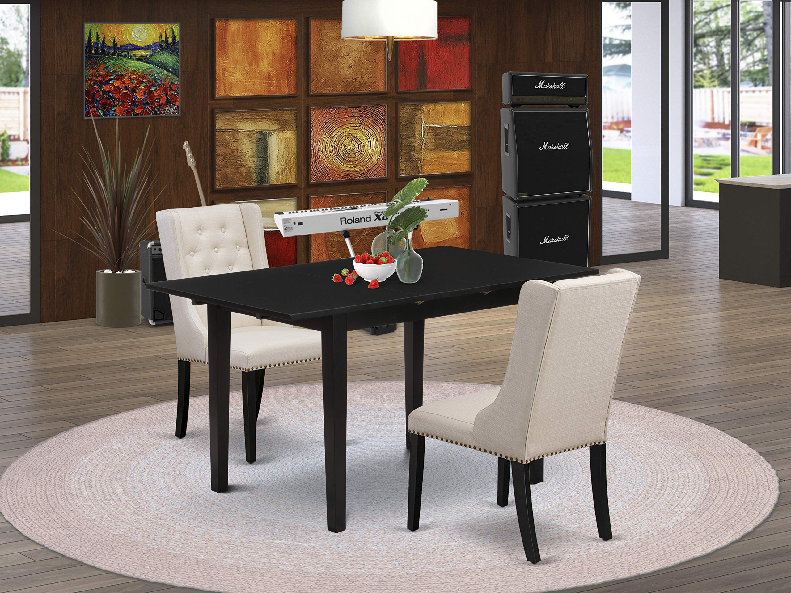 East West Furniture 3 Piece Dining Room Table Set - Rectangle Kitchen Table with Butterfly Leaf & 2 Cream Linen Fabric Parson Chairs, 32x54 Inch, Black - Perfect for Small Spaces, Breakfast Nooks & Cozy Family Meals