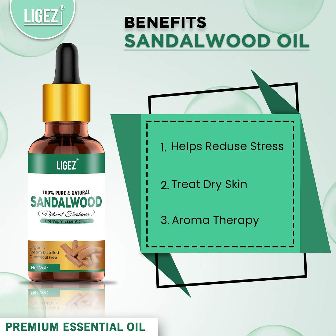 Ligez Sandalwood Essential Oil 30ml - 100% Pure & Natural Aromatherapy Oil for Relaxation, Meditation & Skin Care