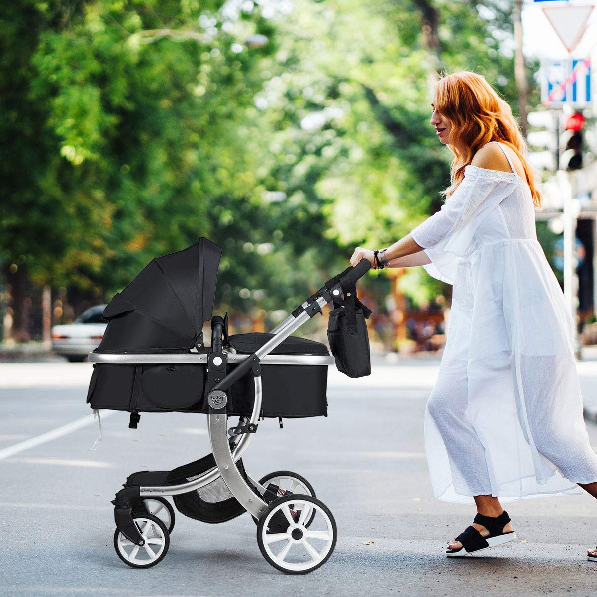 HONEY JOY Baby Stroller - Convertible Infant Bassinet Stroller with Adjustable Canopy & Backrest, Foldable Newborn Carriage with Storage Basket & Foot Cover (Black) | Perfect for Outdoor Walks, Shopping & Travel