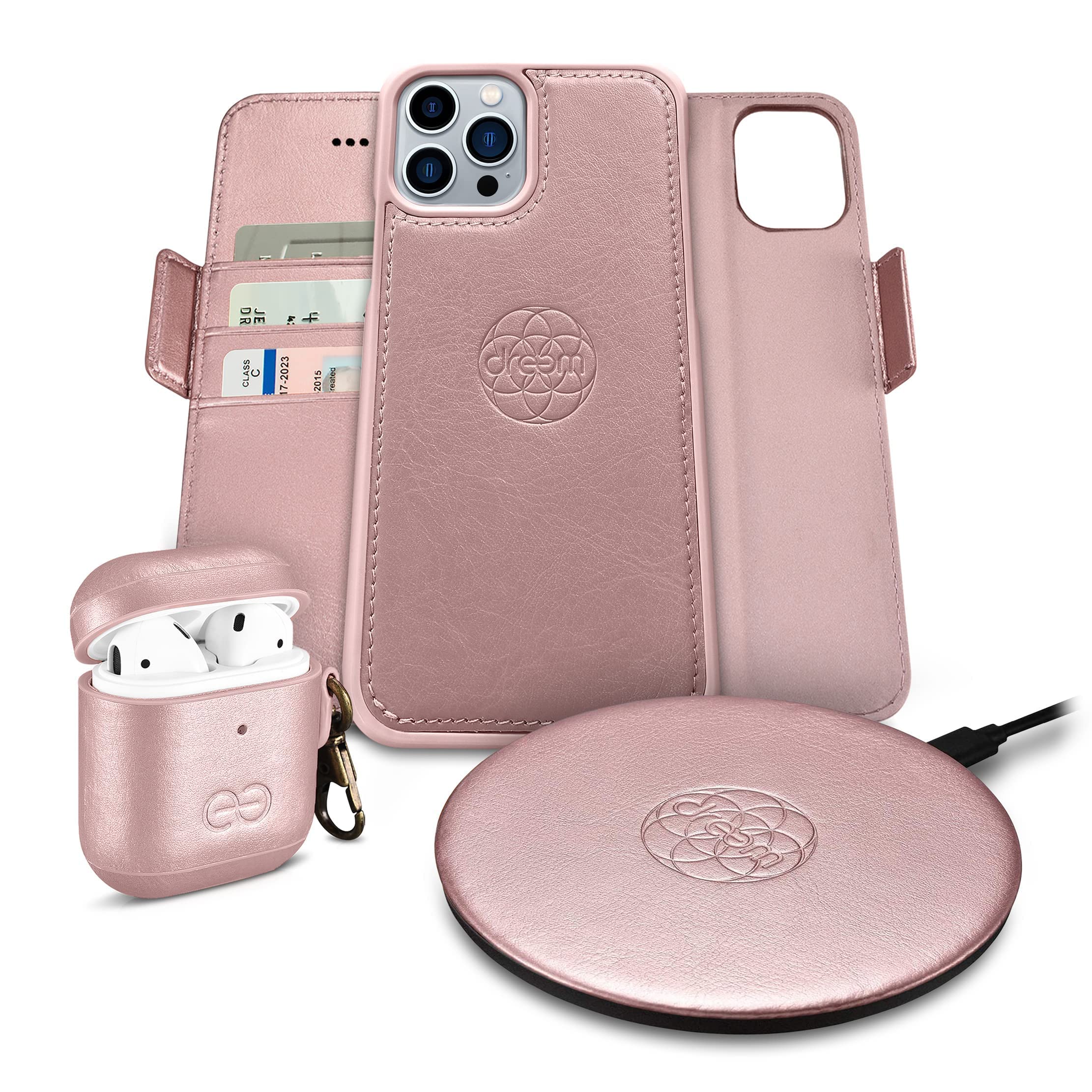 Dreem Bundle: Fibonacci Wallet Case for iPhone 13 Pro Max with Om AirPods 1 & 2 Cover & Beam Wireless Charger - Rose | Premium Phone Accessories for Everyday Use & Travel