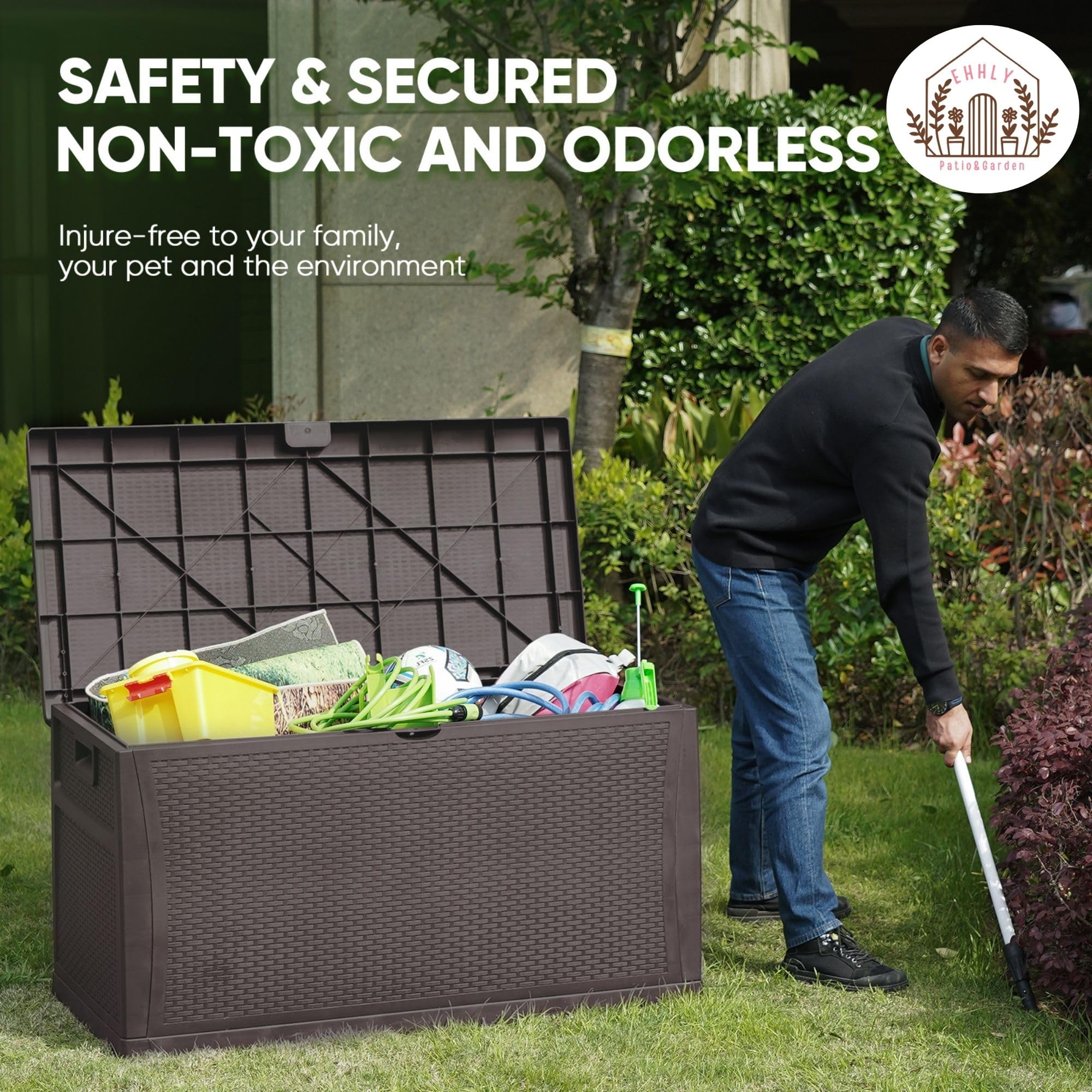 121 Gallon Outdoor Storage Box - Large Lockable Waterproof Deck Box for Patio Cushions, Garden Hoses & Pool Accessories - Durable Resin Rattan Plastic Design - Perfect for Backyard, Deck & Poolside Storage (Brown)