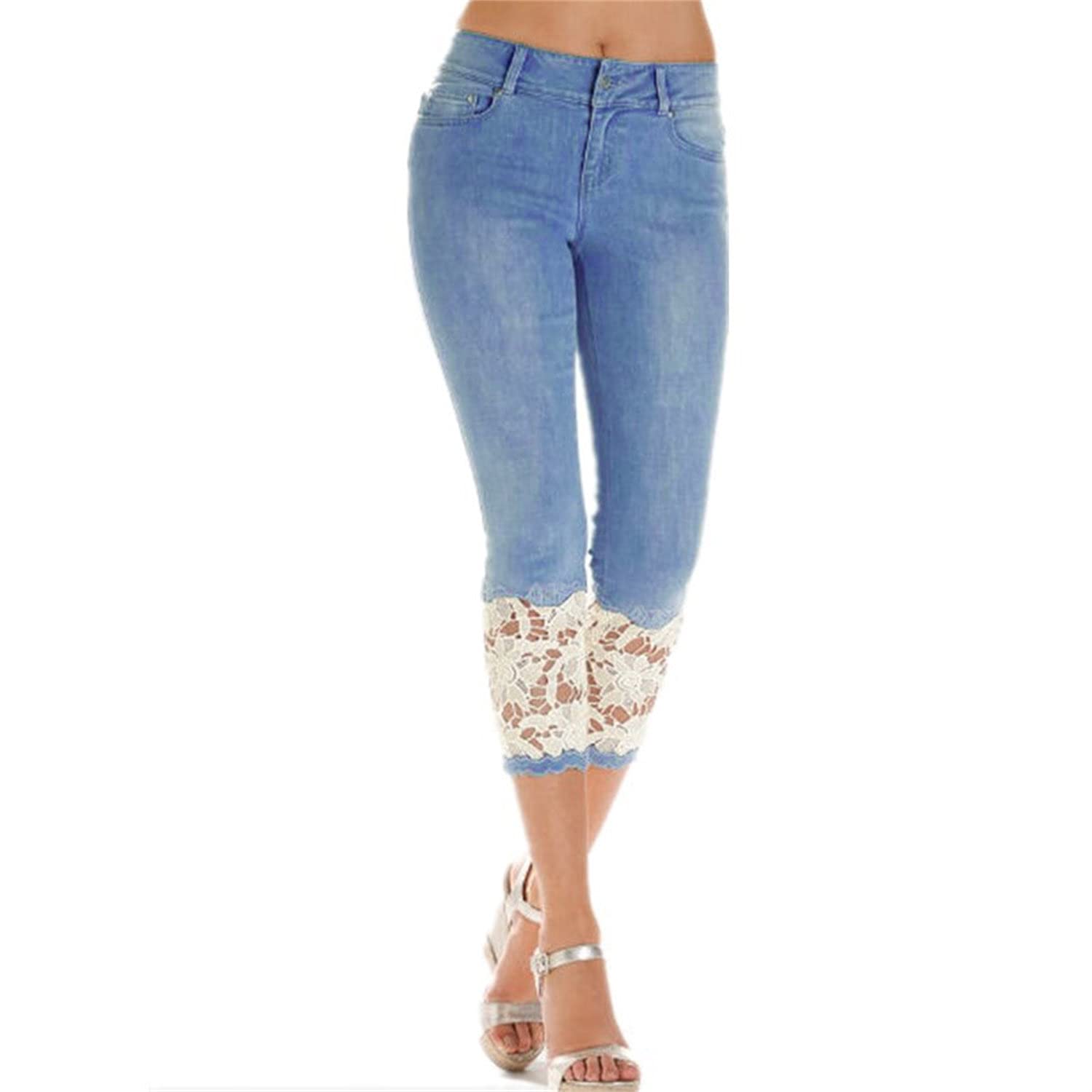 Women's High Waisted Cropped Denim Pants with Lace Trim - Stretchy Skinny Leggings for Petite & Plus Size | Casual Wear, Date Night, Office Outfits