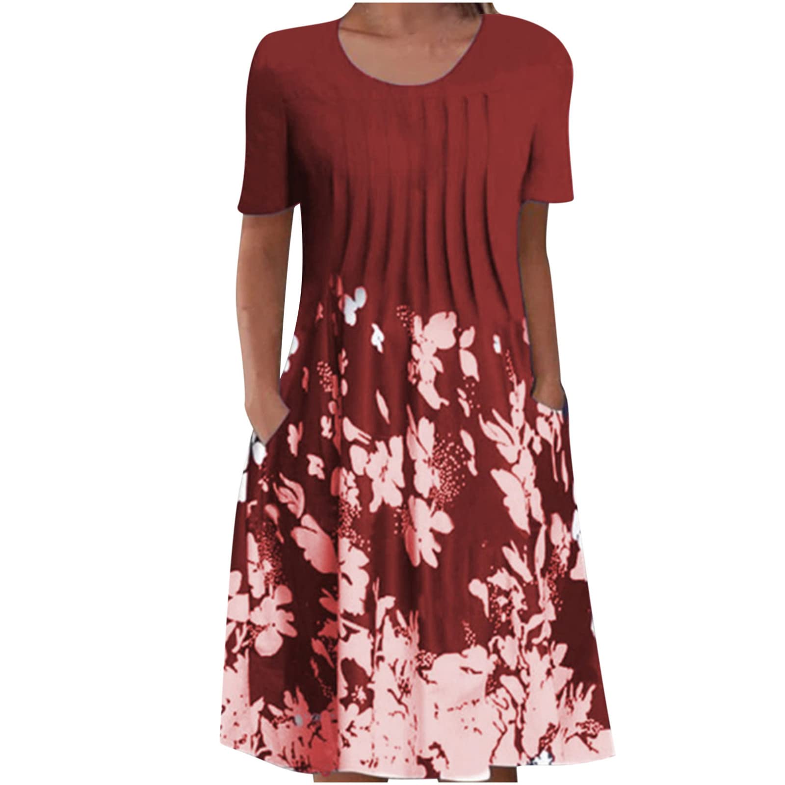 MIYUE Women's Summer Dresses 2023 - Casual Short Sleeve Floral Print Round Neck Foldable Dress (SCAI120KST) | Perfect for Beach Vacations, Picnics & Summer Outings