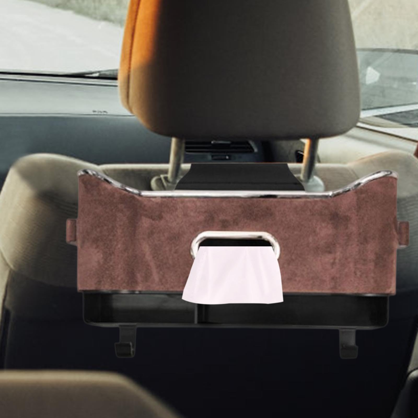 Premium Back Seat Organizer with Tissue Box & Cup Holders - Car Organizer for SUV, Truck, Van - Brown Leather Storage for Road Trips & Family Travel