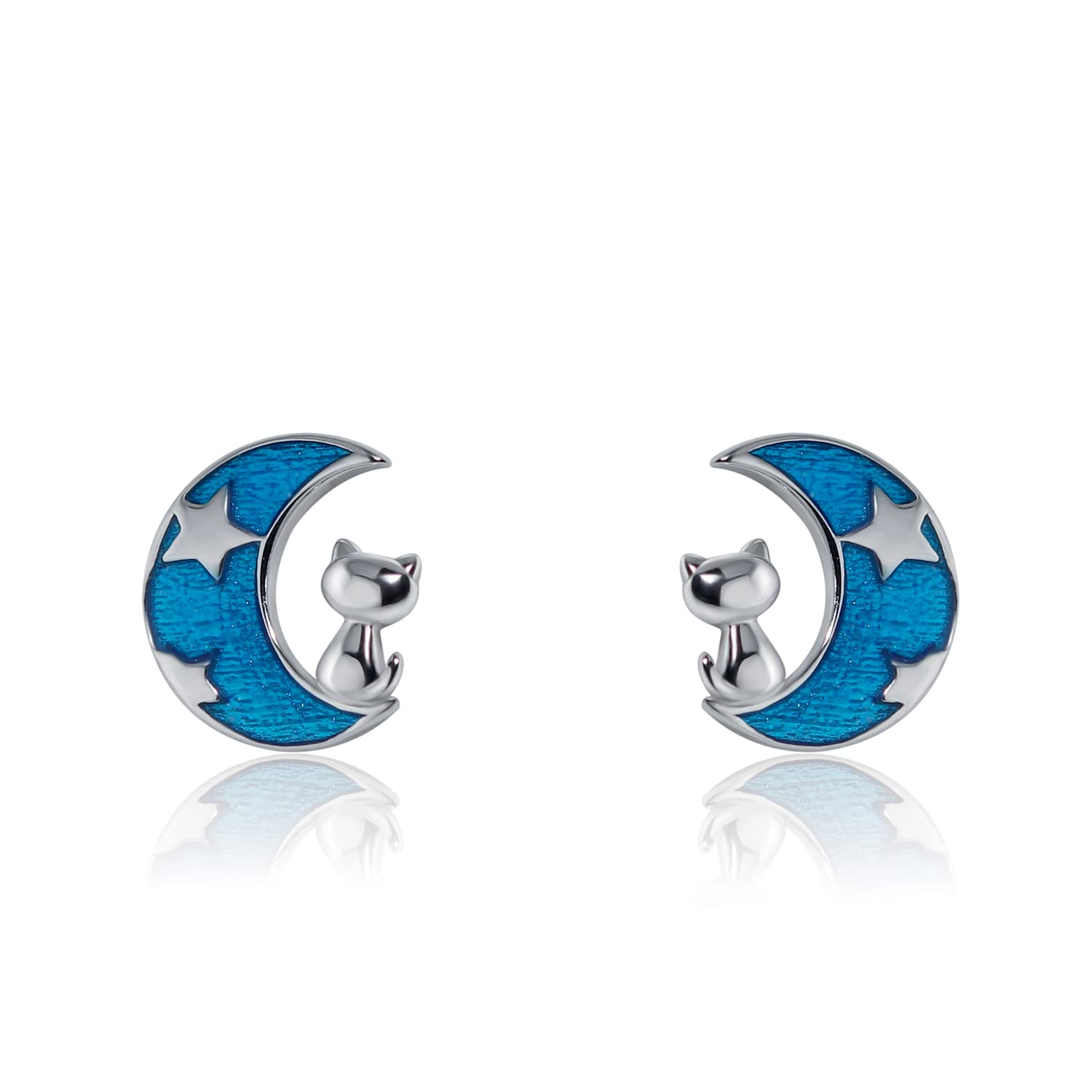 Meissa 925 Sterling Silver Stud Earrings - Moon & Star Cat Earrings for Women | Hypoallergenic, Handmade Jewelry | Perfect for Everyday Wear, Gifts & Special Occasions