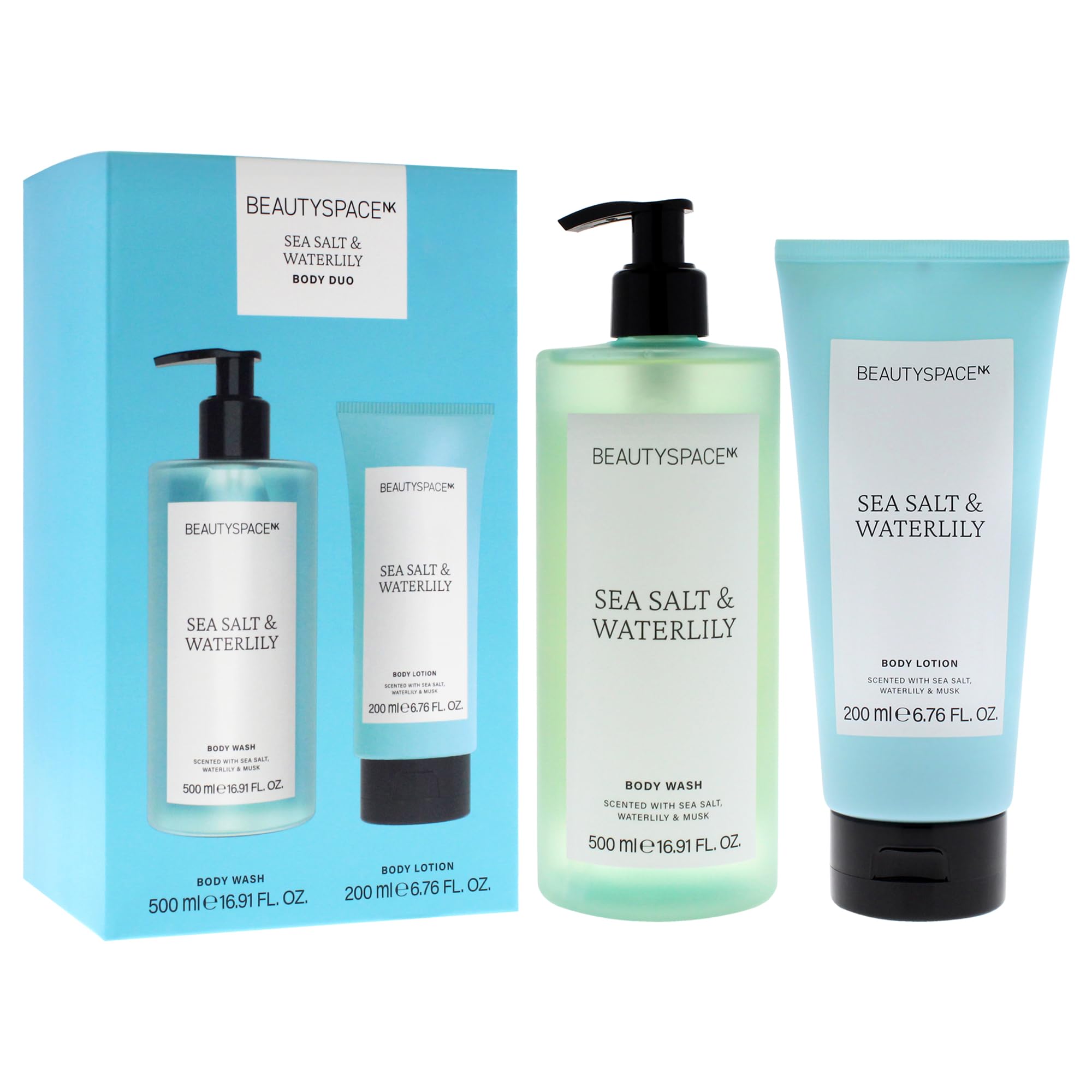 SpaceNK Beauty Space Body Duo Set - Sea Salt & Waterlily Scented Body Wash (16.91oz) & Body Lotion (6.76oz) for Men & Women - Hydrating & Refreshing Skincare Gift Set for Shower & Daily Moisturizing Routine