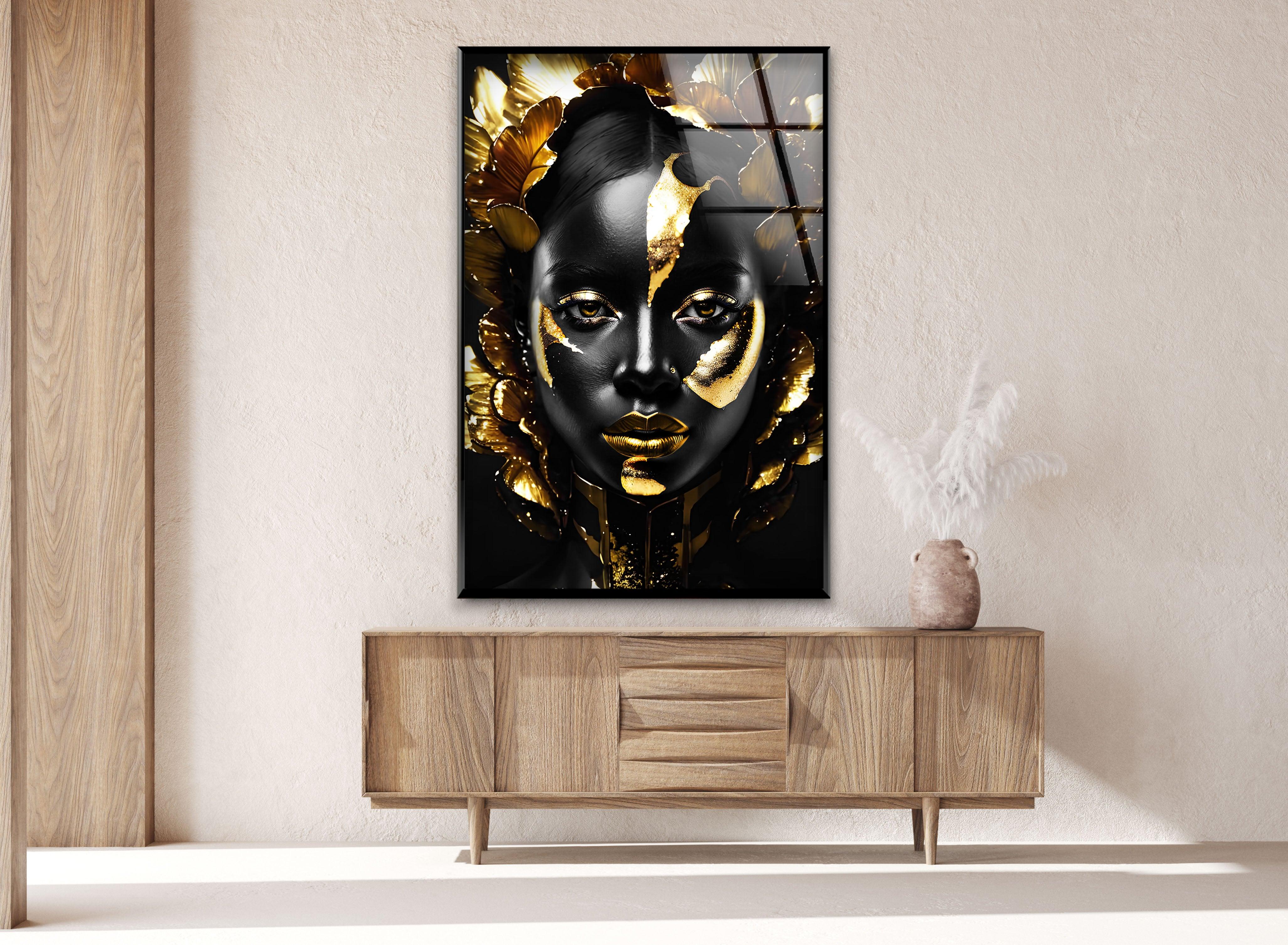 Elegant Black Woman Gold Face Glass Wall Art - Modern Home Decor for Living Room, Bedroom & Office