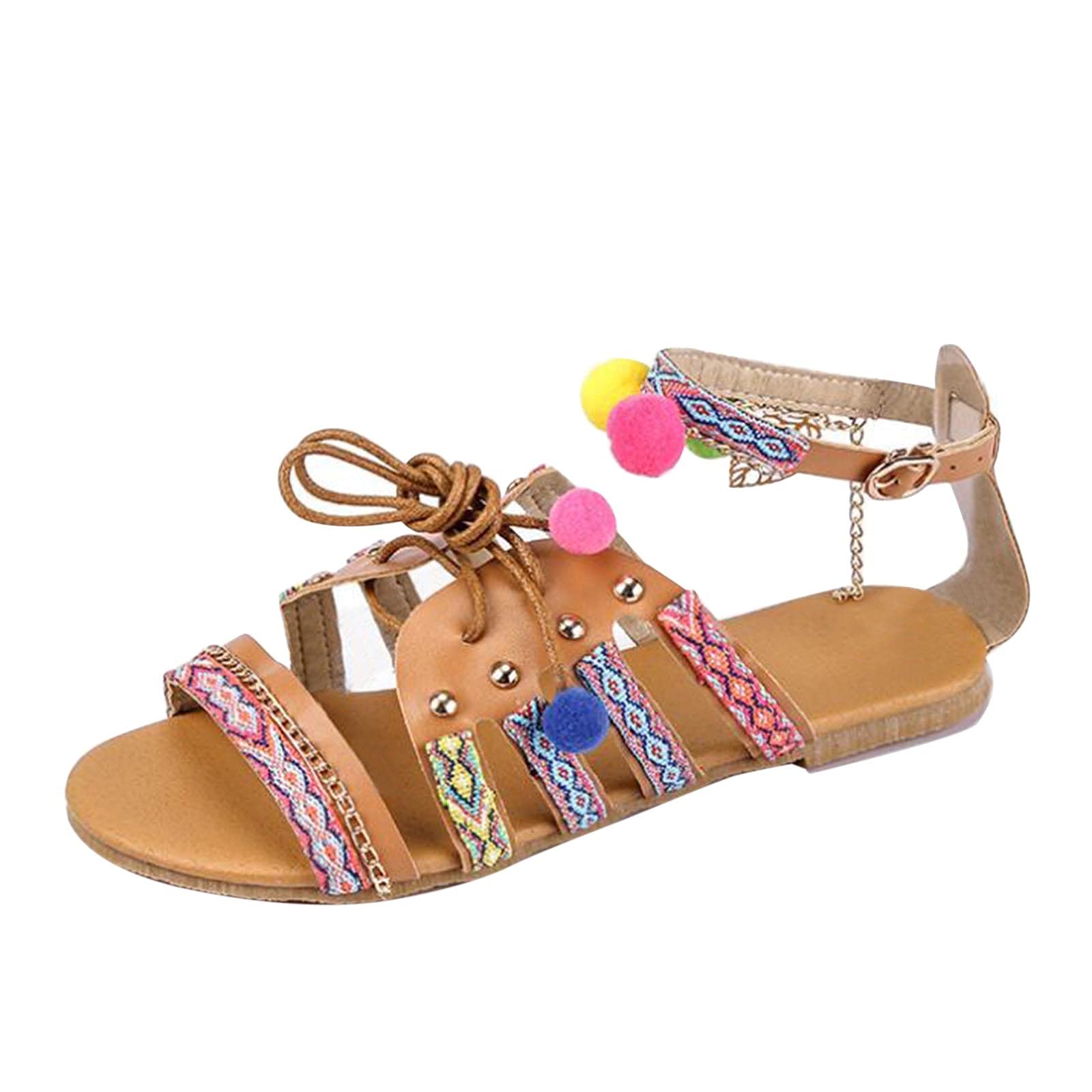 AnFeng Women's Bohemian Flat Fish Mouth Sandals - Comfortable Summer Beach Sandals for Women (Brown, Size 6.5-7) | Perfect for Vacation, Casual Outings & Beach Wear
