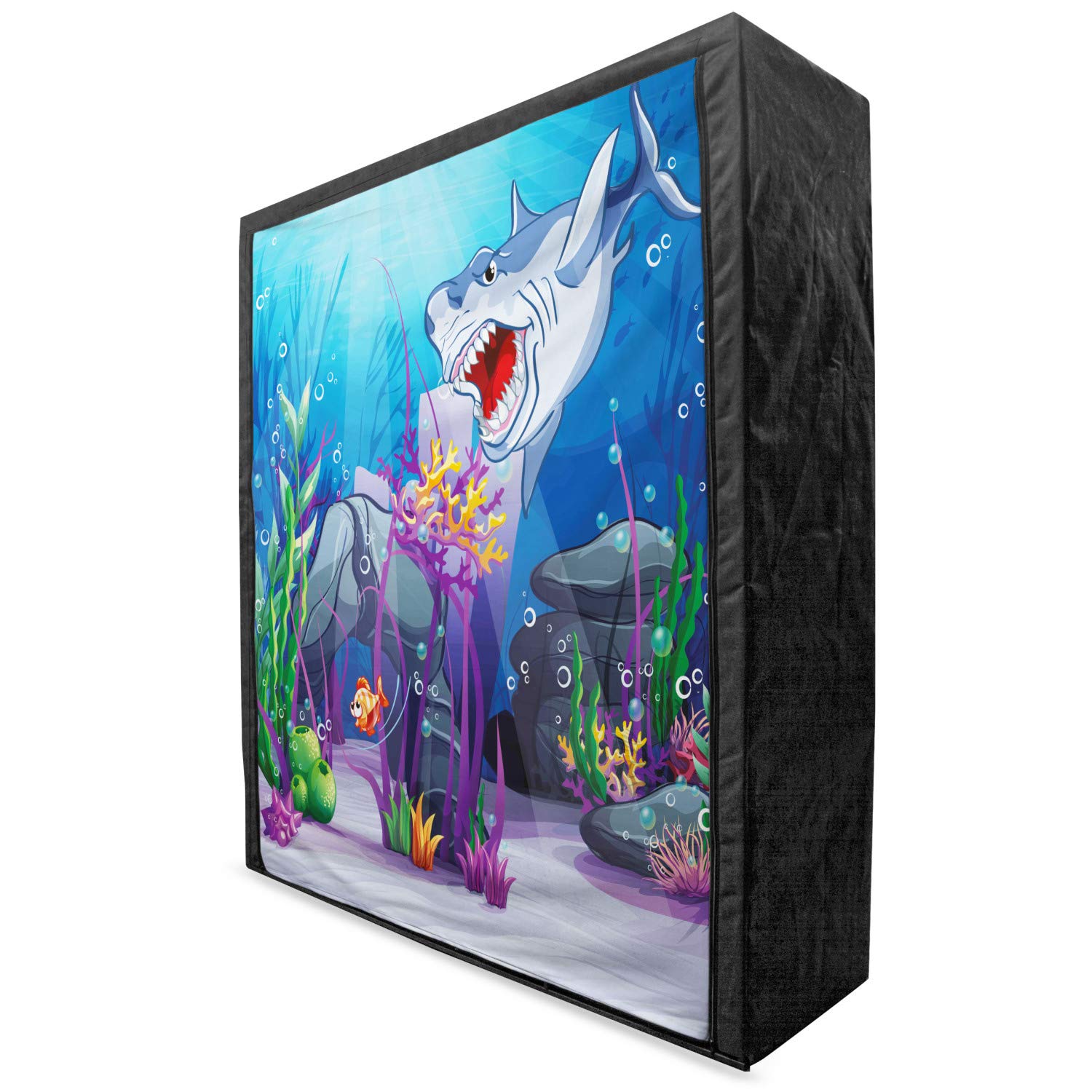 Ambesonne Ocean Themed Portable Fabric Wardrobe - Cartoon Underwater World with Plants & Shark Chasing Fish Design - 59