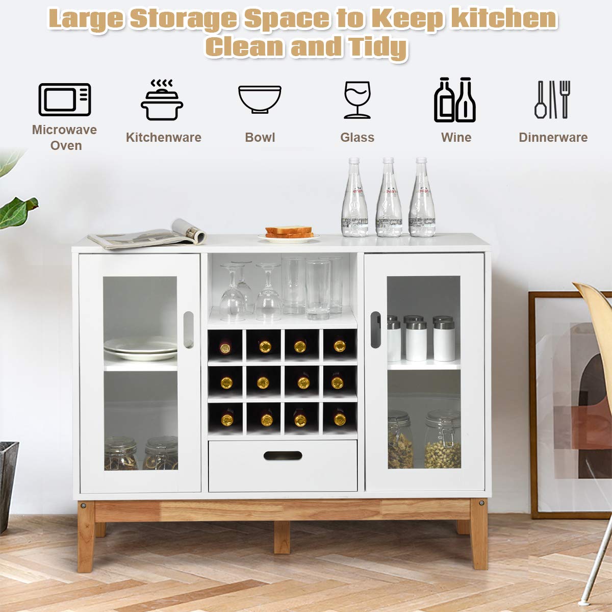 Giantex Buffet Sideboard with Wine Rack - Wooden Kitchen Storage Cabinet with 2 Doors, Drawer & Open Shelf - White & Natural Finish - Perfect for Dining Room, Living Room & Home Bar Organization