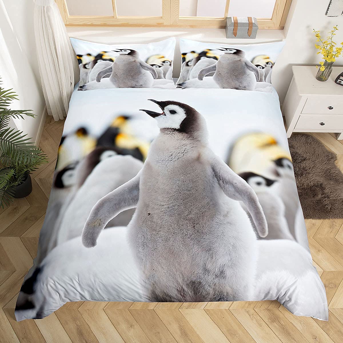 **ZZXHG King Size Grey Penguin Duvet Cover Set - Soft Microfiber Comforter Cover with Zipper Closure & 2 Pillow Shams (104