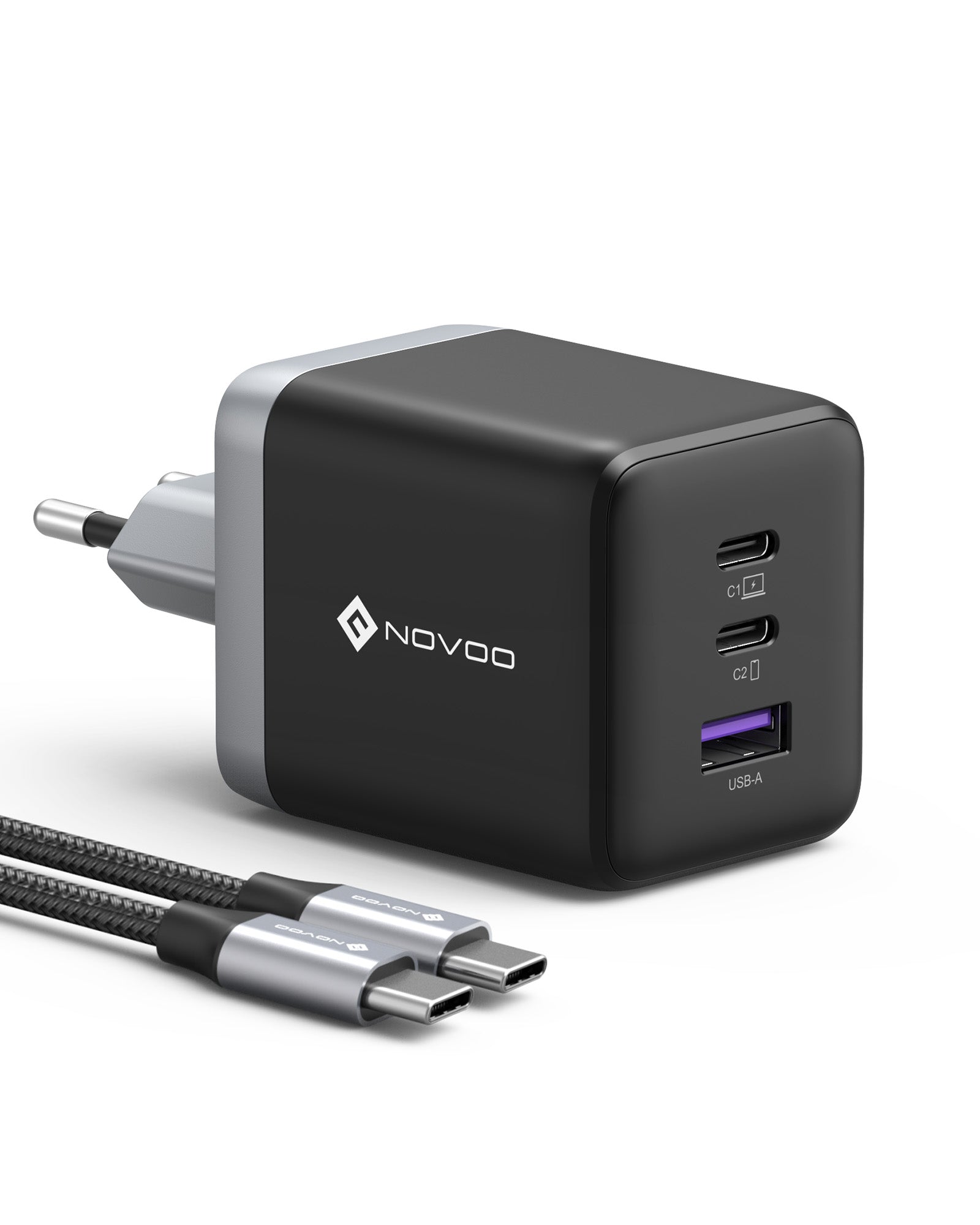 NOVOO 100W 3-Port Fast GaN Charger - Compact & Powerful USB-C Wall Charger for MacBook Pro, iPhone 15, iPad, Samsung Galaxy - Perfect for Travel, Office & Home Use