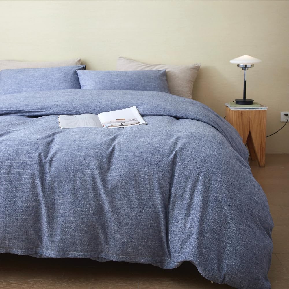 Stonewashed Cotton Linen California King Duvet Cover Set - 3-Piece Breathable Comforter Cover | Soft Skin-Friendly Bedding for Luxurious Sleep (Navy Blue) - Perfect for Master Bedrooms, Guest Rooms & Vacation Homes