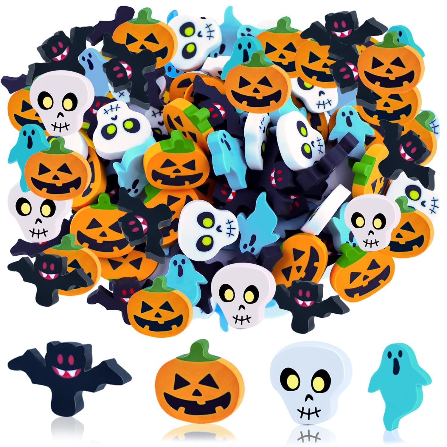 Halloween Mini Eraser Set for Kids - 50PCS Pumpkin, Ghost & Bat Erasers Bulk Pack for Trick or Treat Goody Bags, Classroom Prizes, Party Favors and School Supplies